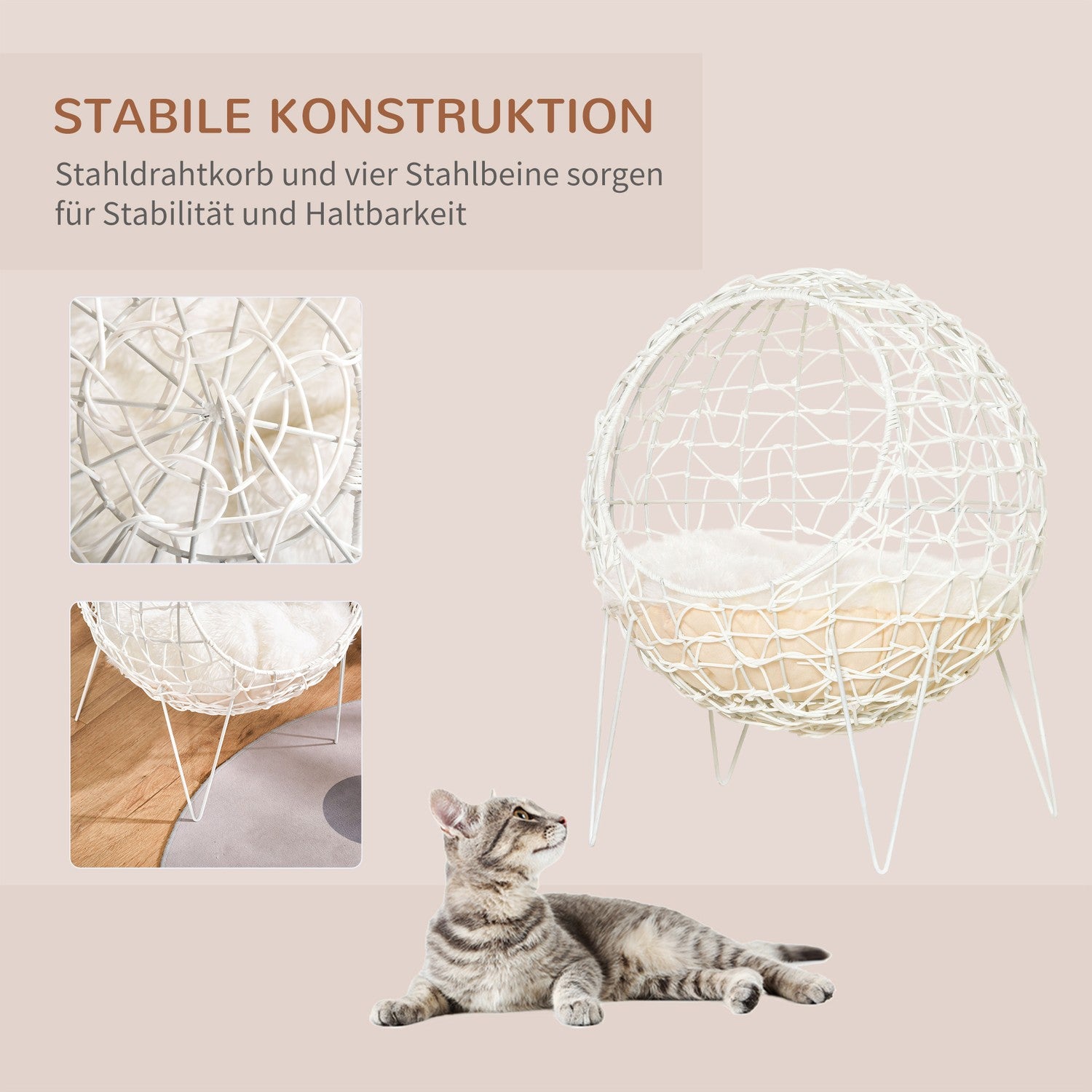 Rottingkattgrotta med kudde, förhöjd design, krämfärgad Ø45x57 Cm