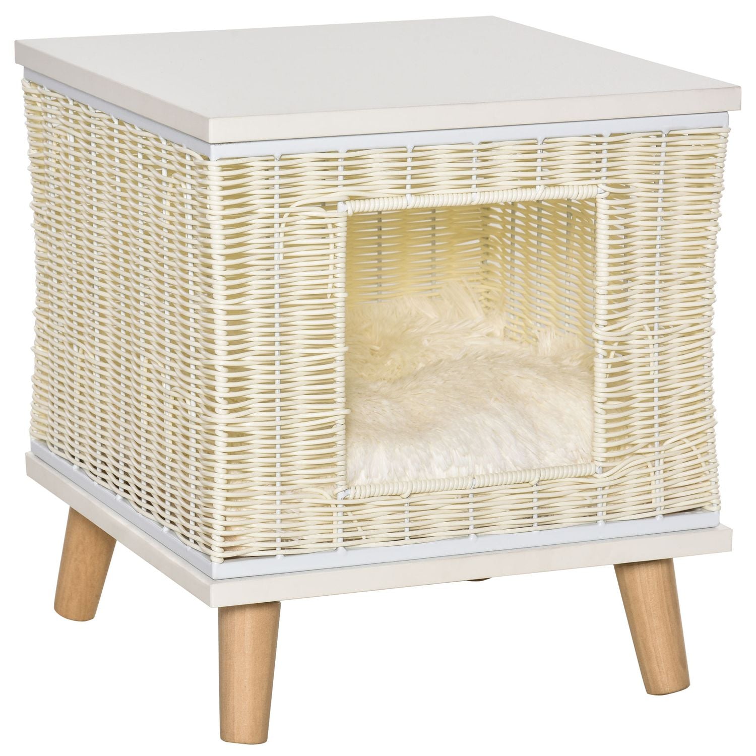 Rottingkattgrotta med kudde – naturlig, beige, vit