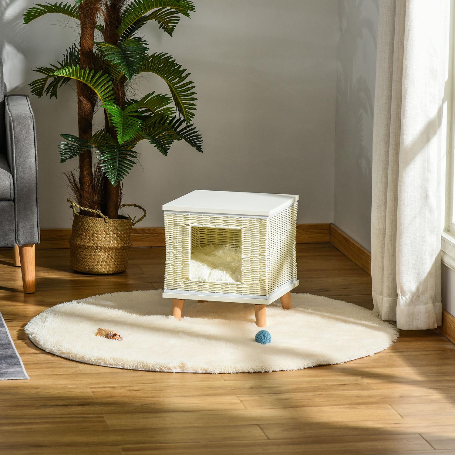 Rottingkattgrotta med kudde – naturlig, beige, vit