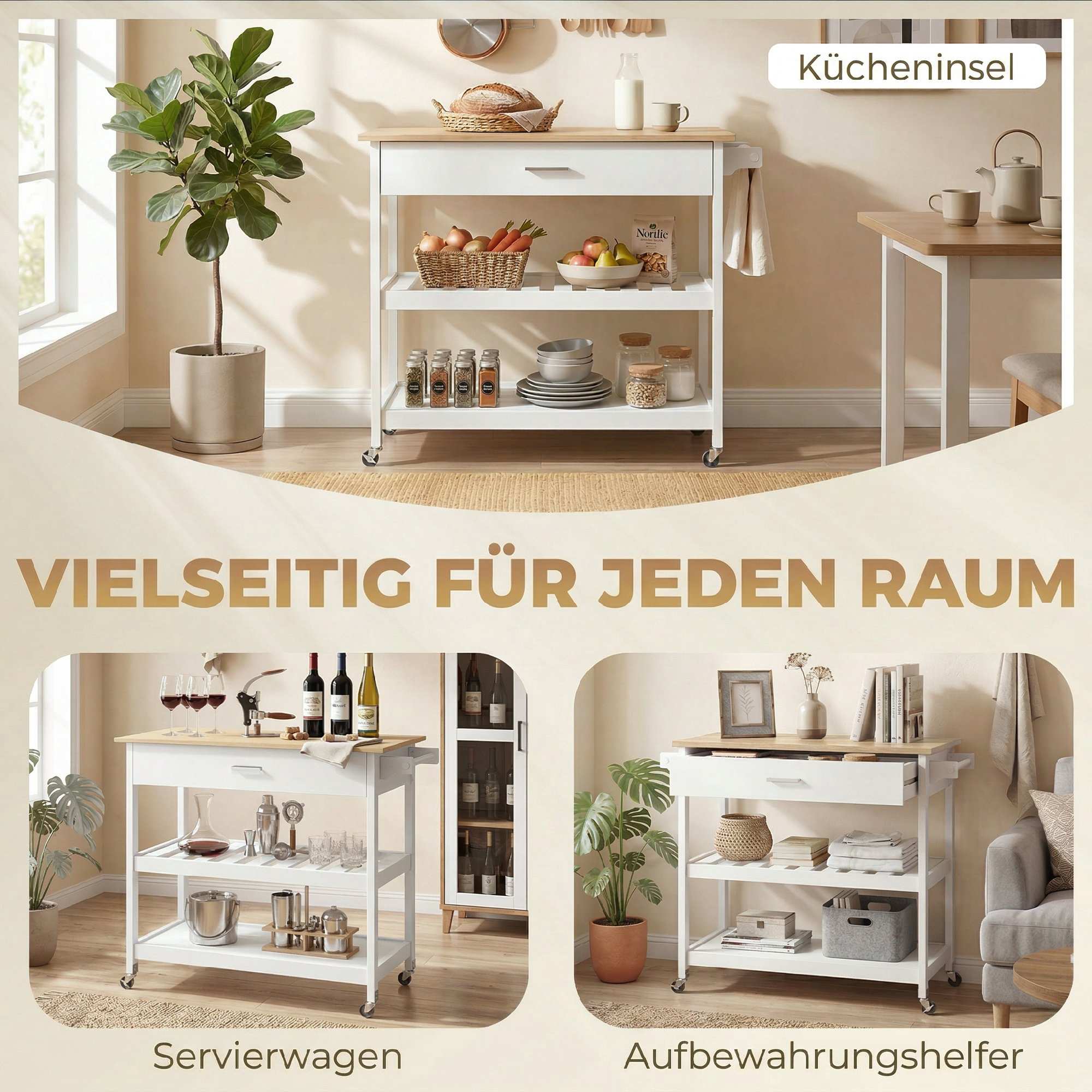 Rullande köksö med förvaring, stor bänkskiva, vit