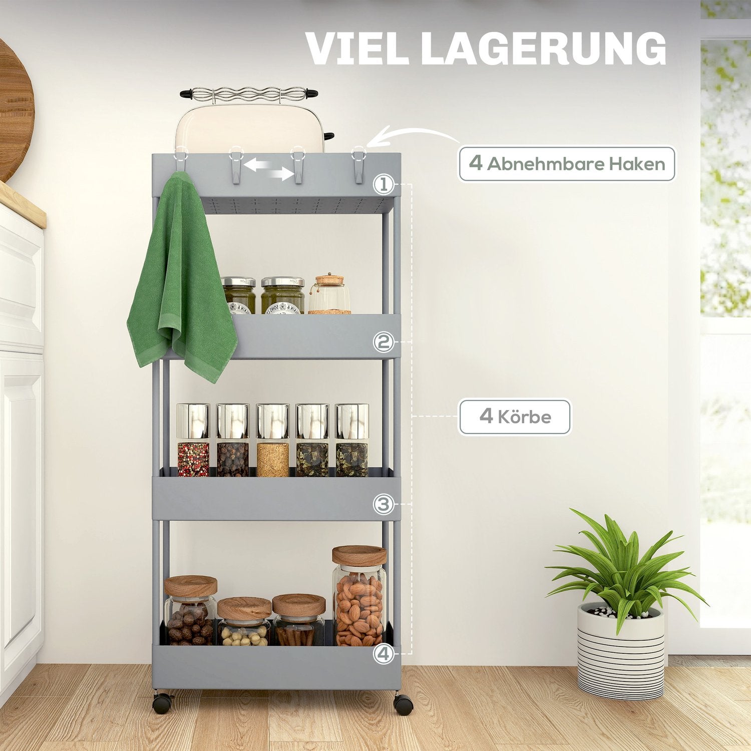 4-vånings köksförvaringsvagn med hjul, plast, grå
