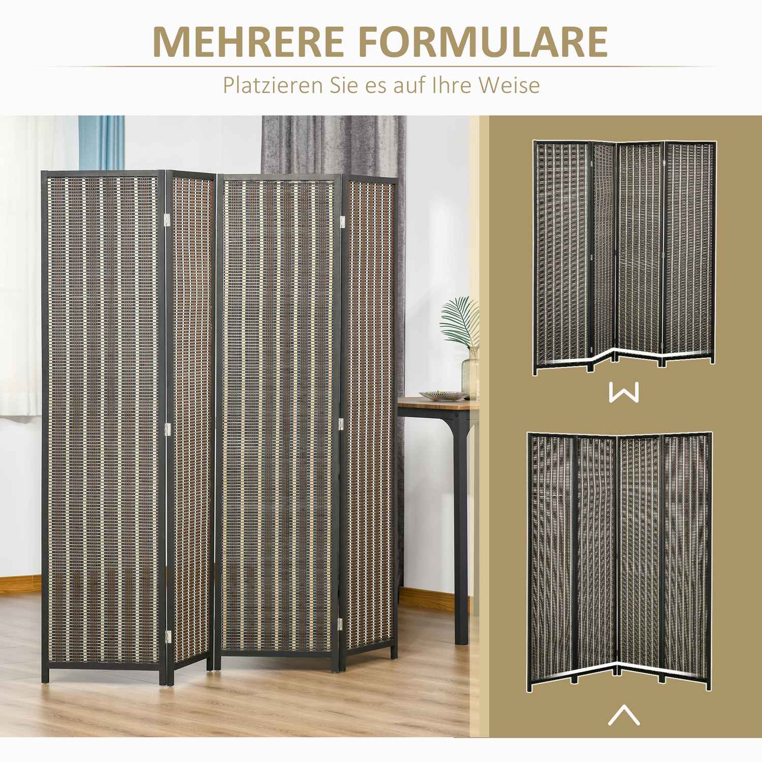 Rumsavdelare av bambu, 4-panel, 180x180 cm, Vikbar Brun