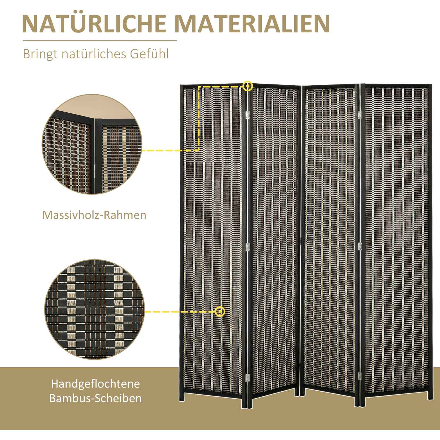 Rumsavdelare av bambu, 4-panel, 180x180 cm, Vikbar Brun