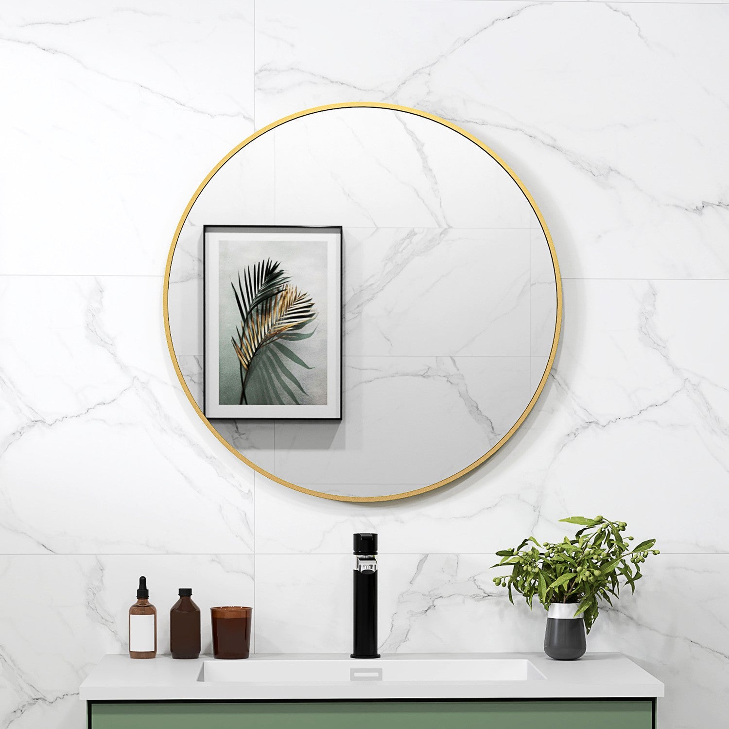 Rund badrumsspegel, 70x70 cm, Guldram, säkerhetsglas