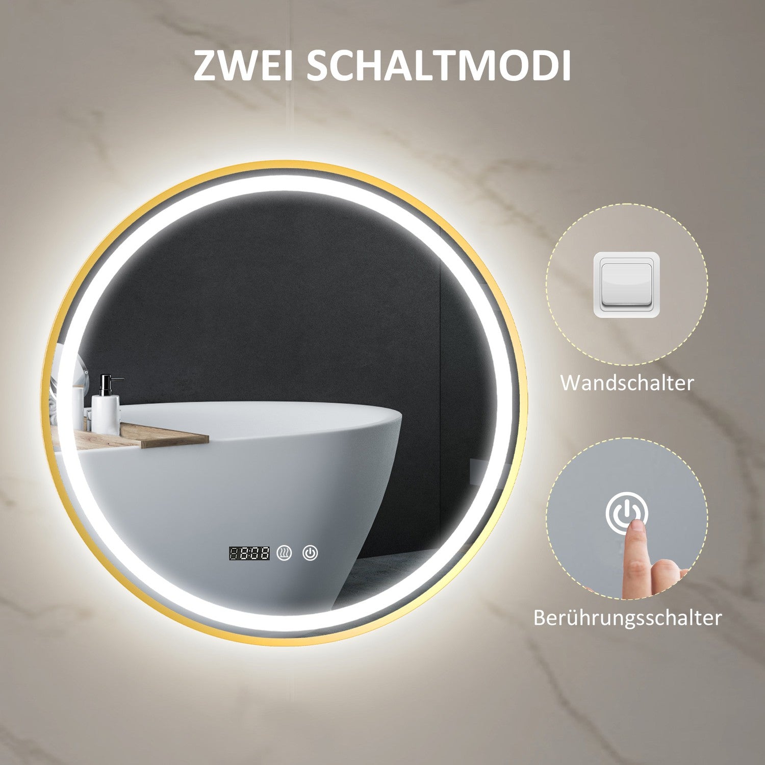 Rund LED Badrumsspegel, Dimfri, 60cm, Touch Timer