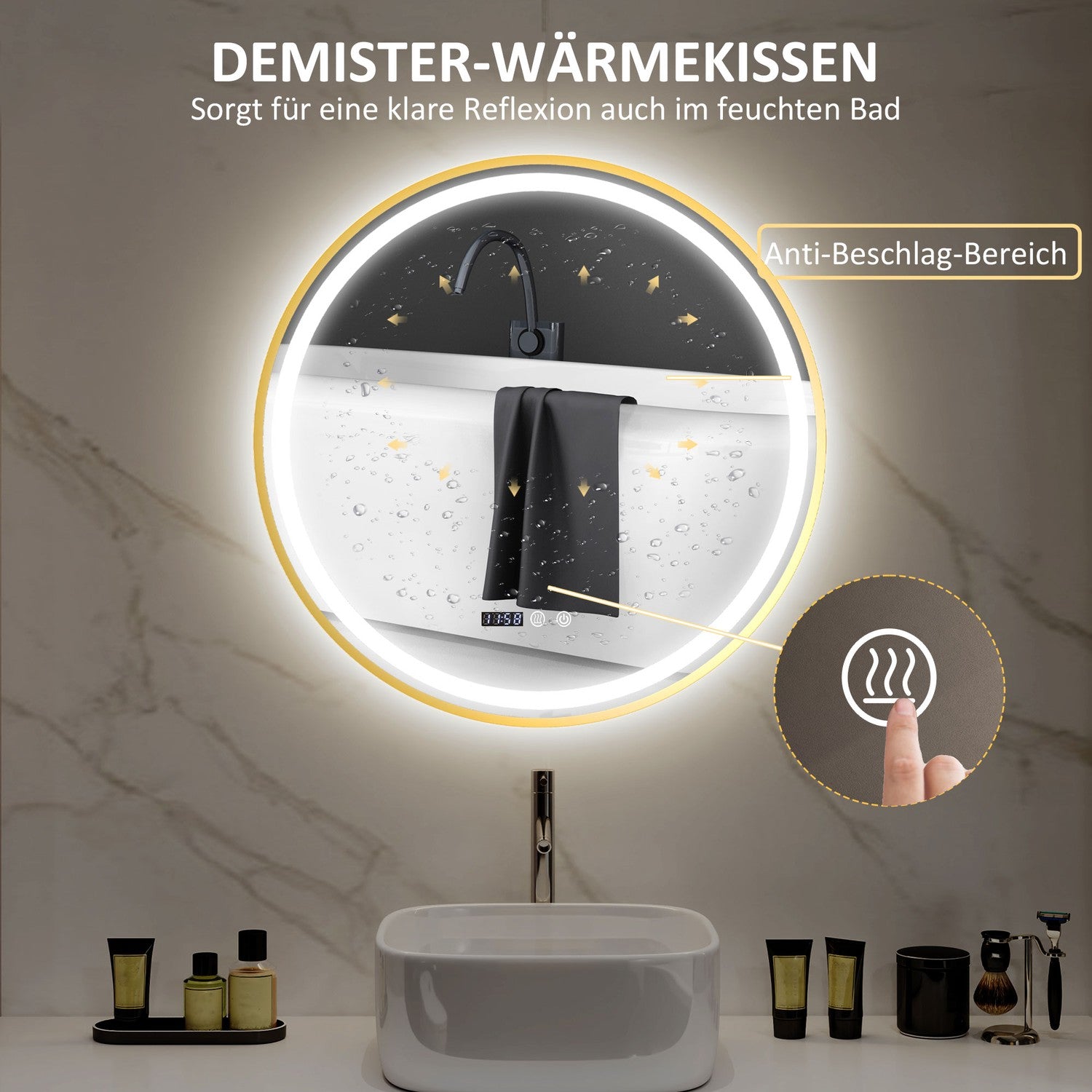 Rund LED Badrumsspegel, Dimfri, 60cm, Touch Timer
