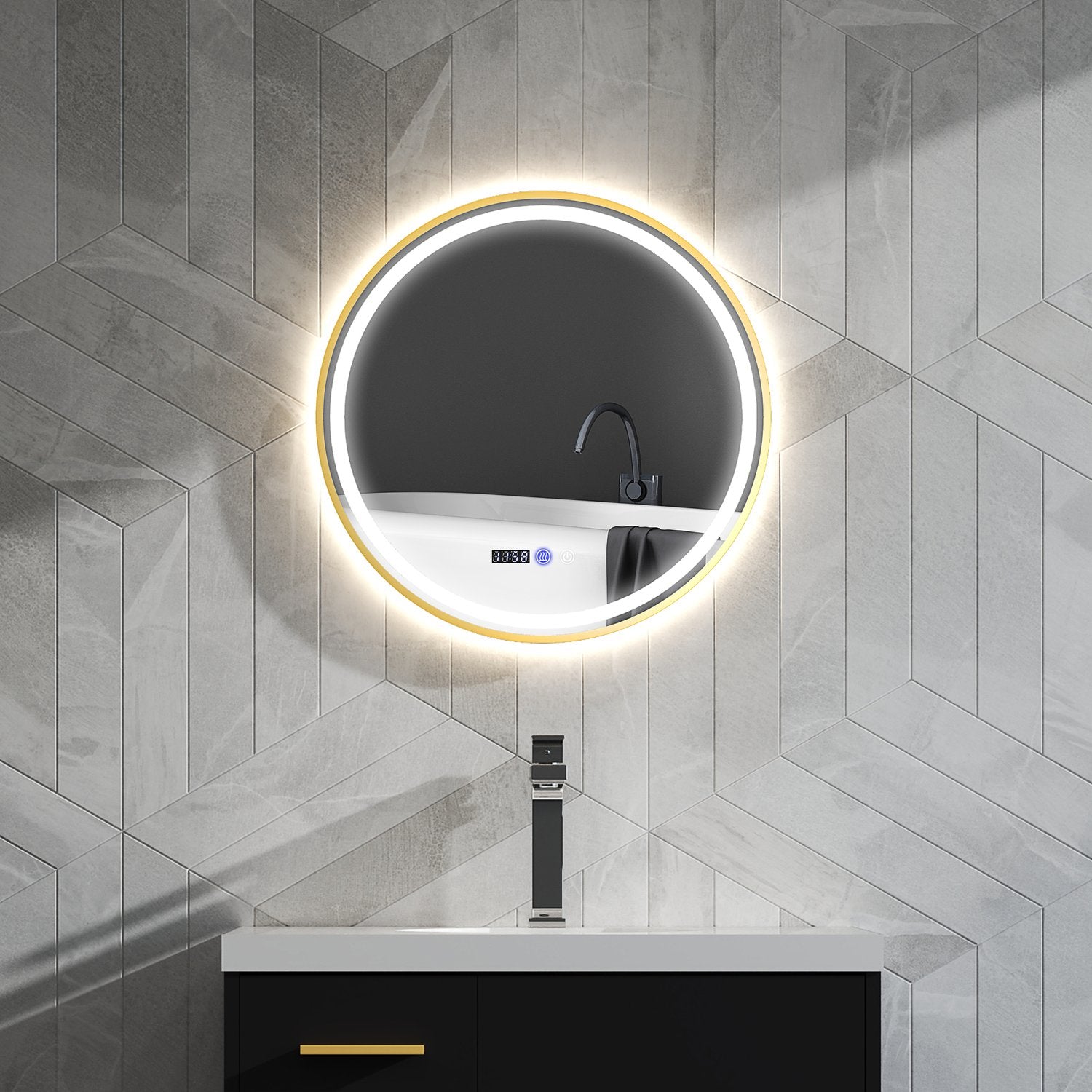 Rund LED Badrumsspegel, Dimfri, 60cm, Touch Timer