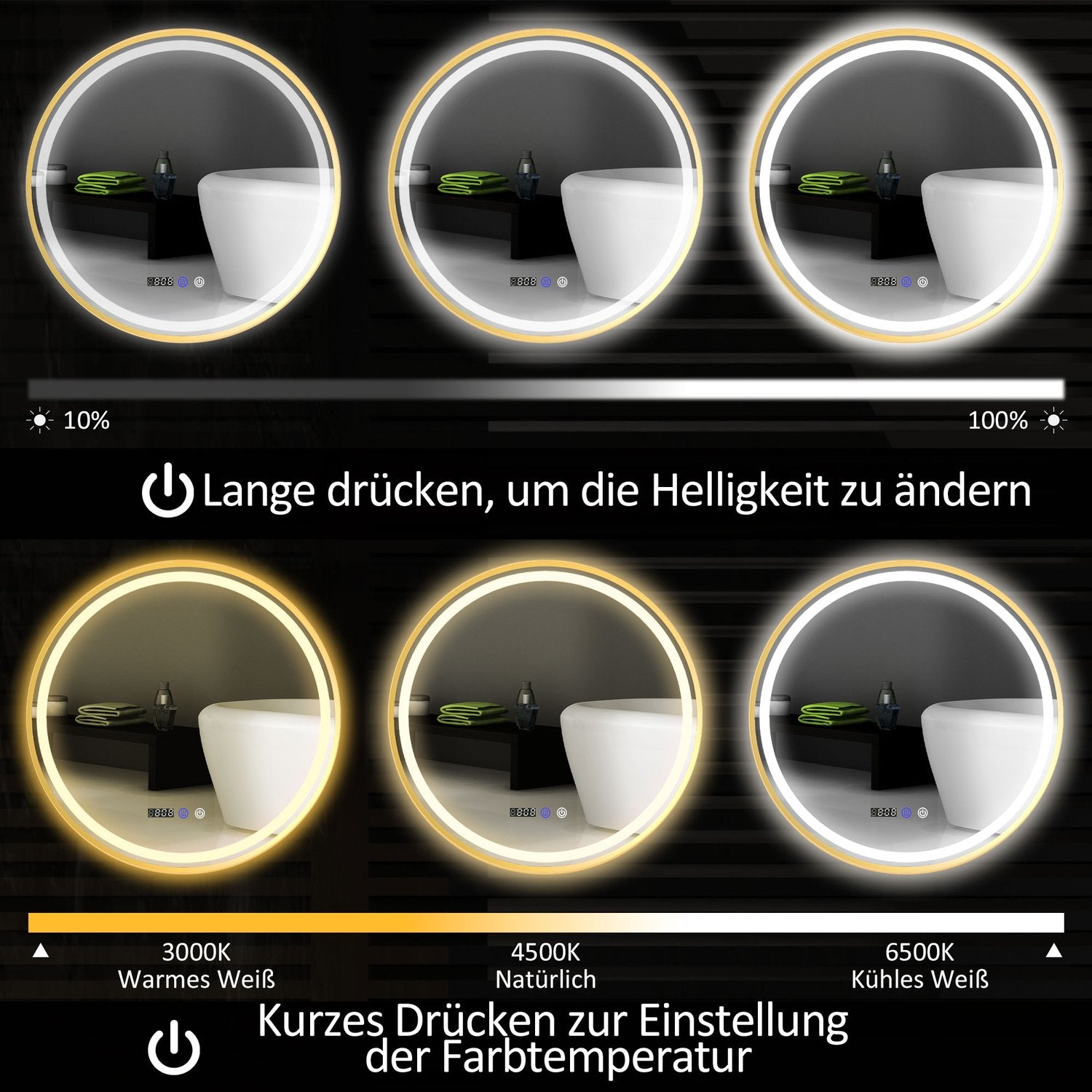 Rund LED Badrumsspegel, Dimfri, 60cm, Touch Timer