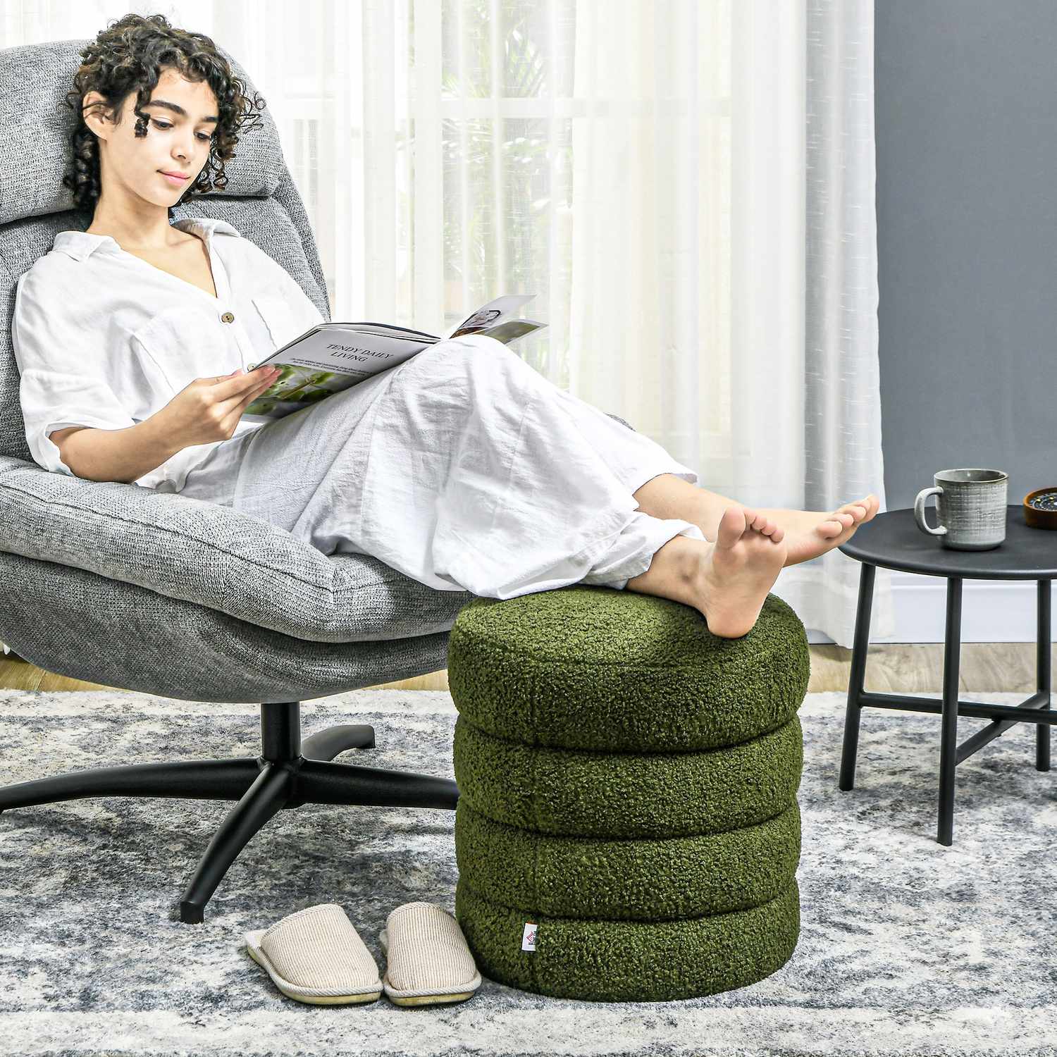 Rund ottoman, Teddy Fleece, 120 kg Kapacitet, Grön