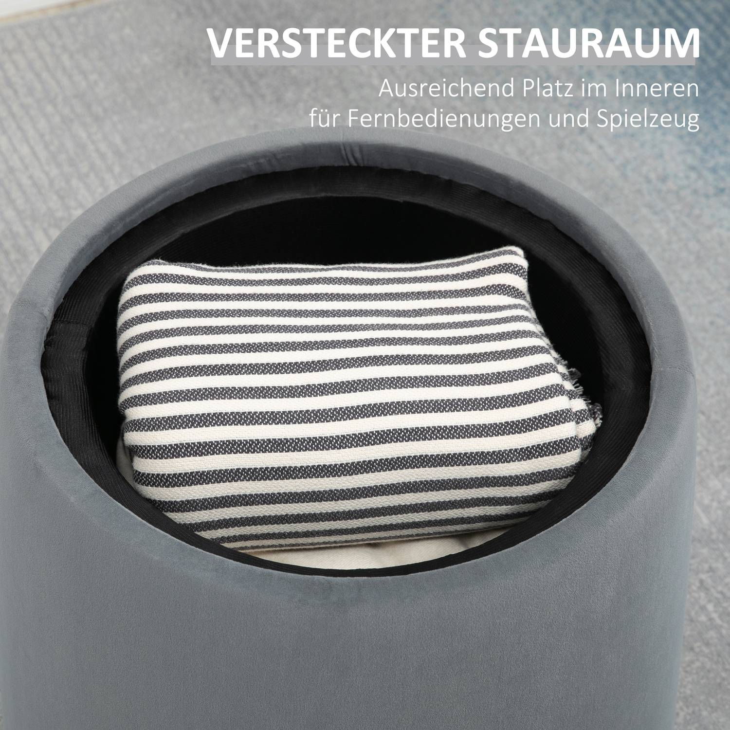 Rund ottomansk pall i sammetslook med förvaring, grå