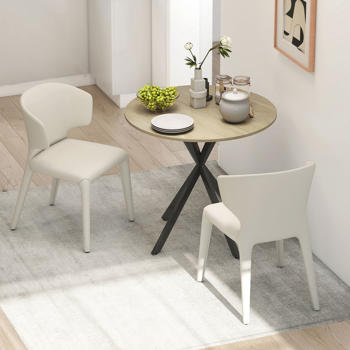 Rundt kjøkkenbord, 80 cm, kompakt bordplate, sponplate, metall, hvit eik+svart