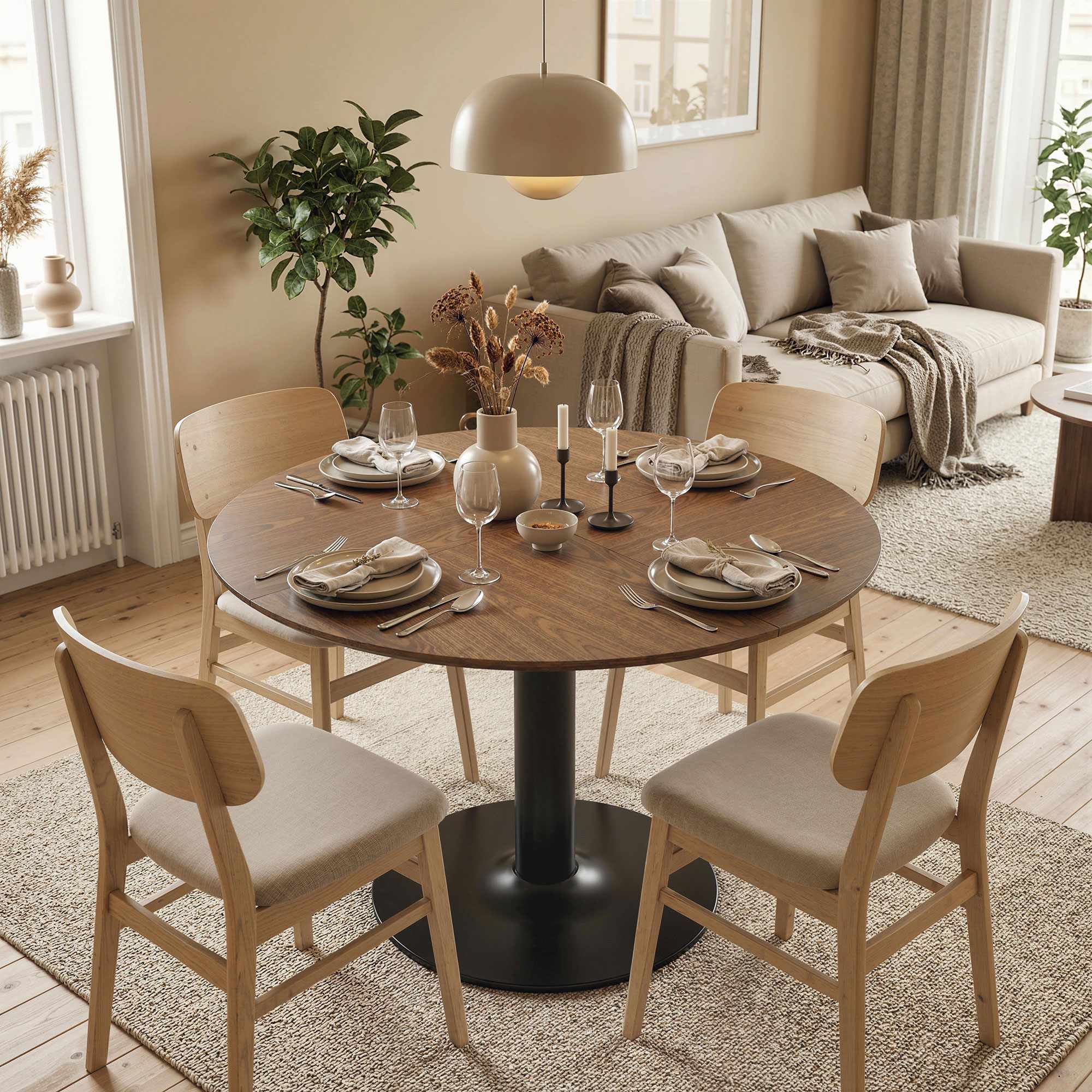 Runt matbord, 110 cm, MDF och stål, plats för 6