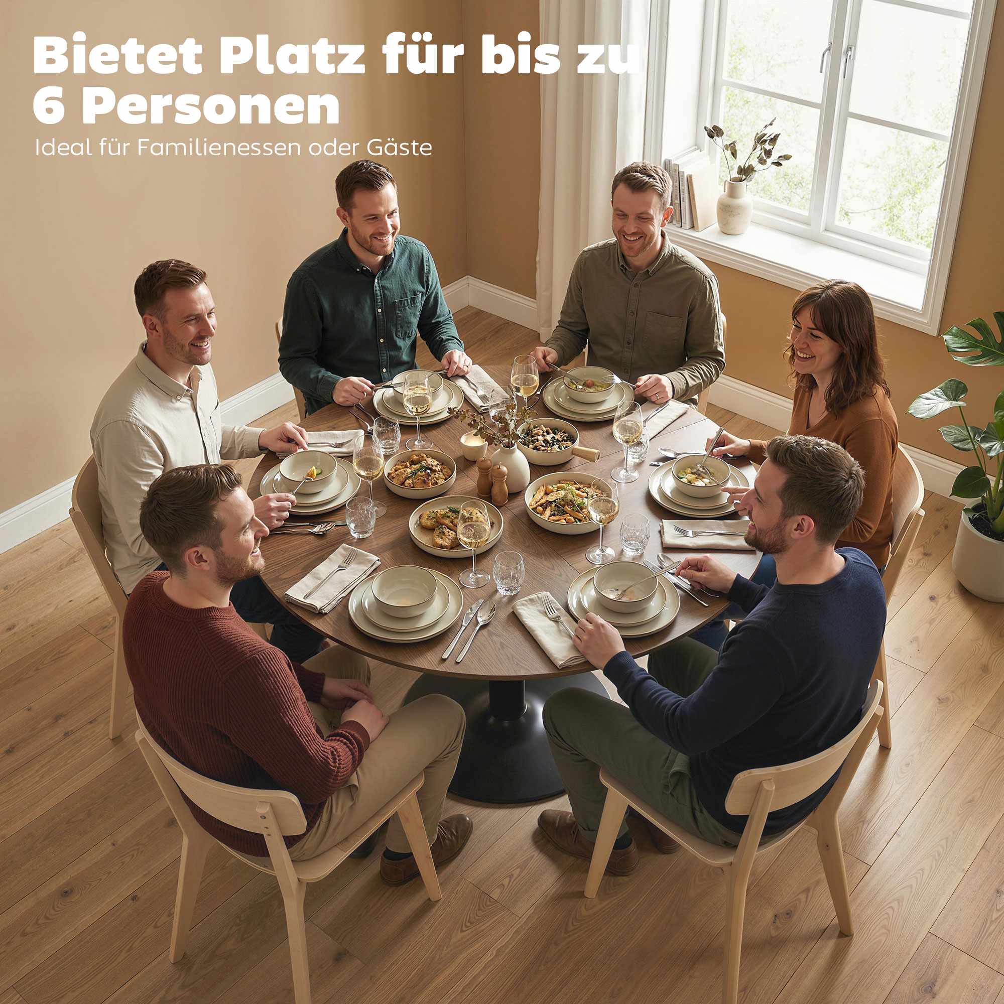 Runt matbord, 110 cm, MDF och stål, plats för 6