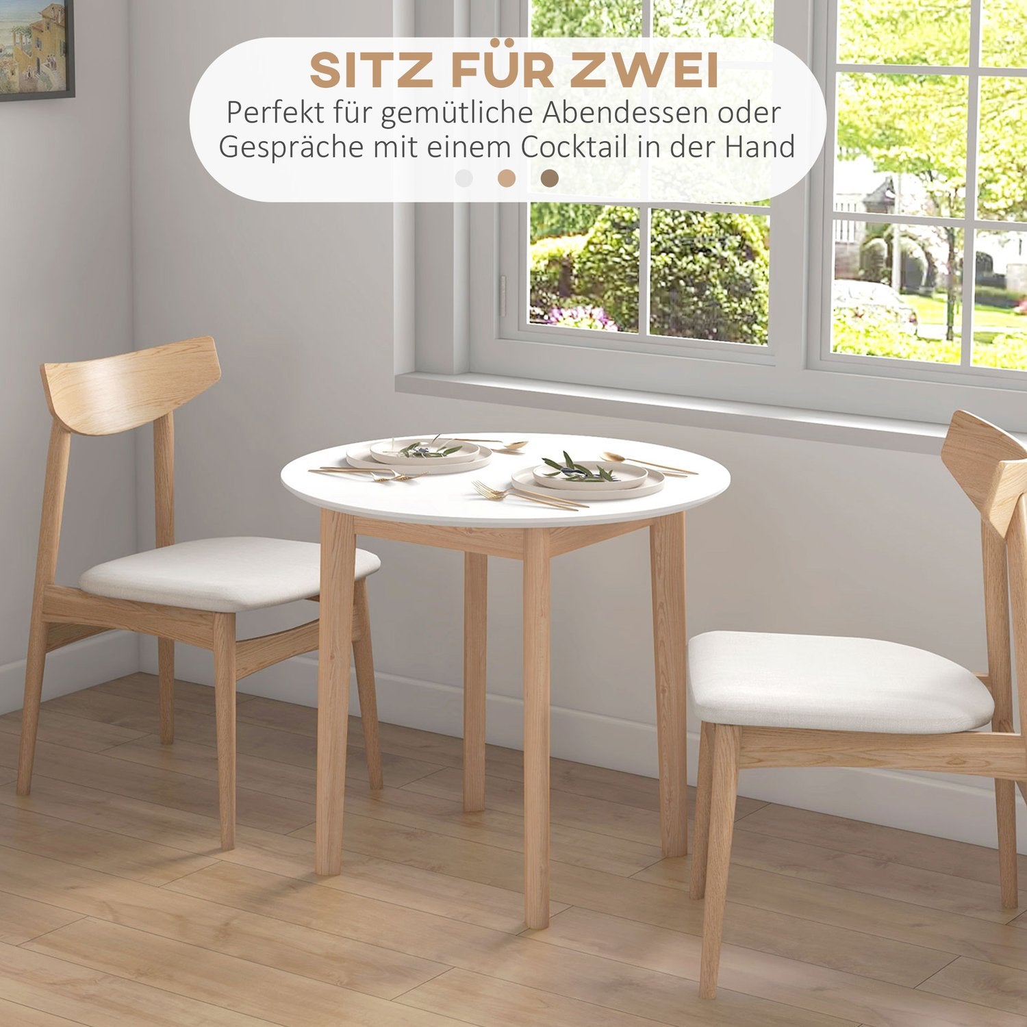 Runt matbord för 2, massivt trä, 75 cm, vit finish