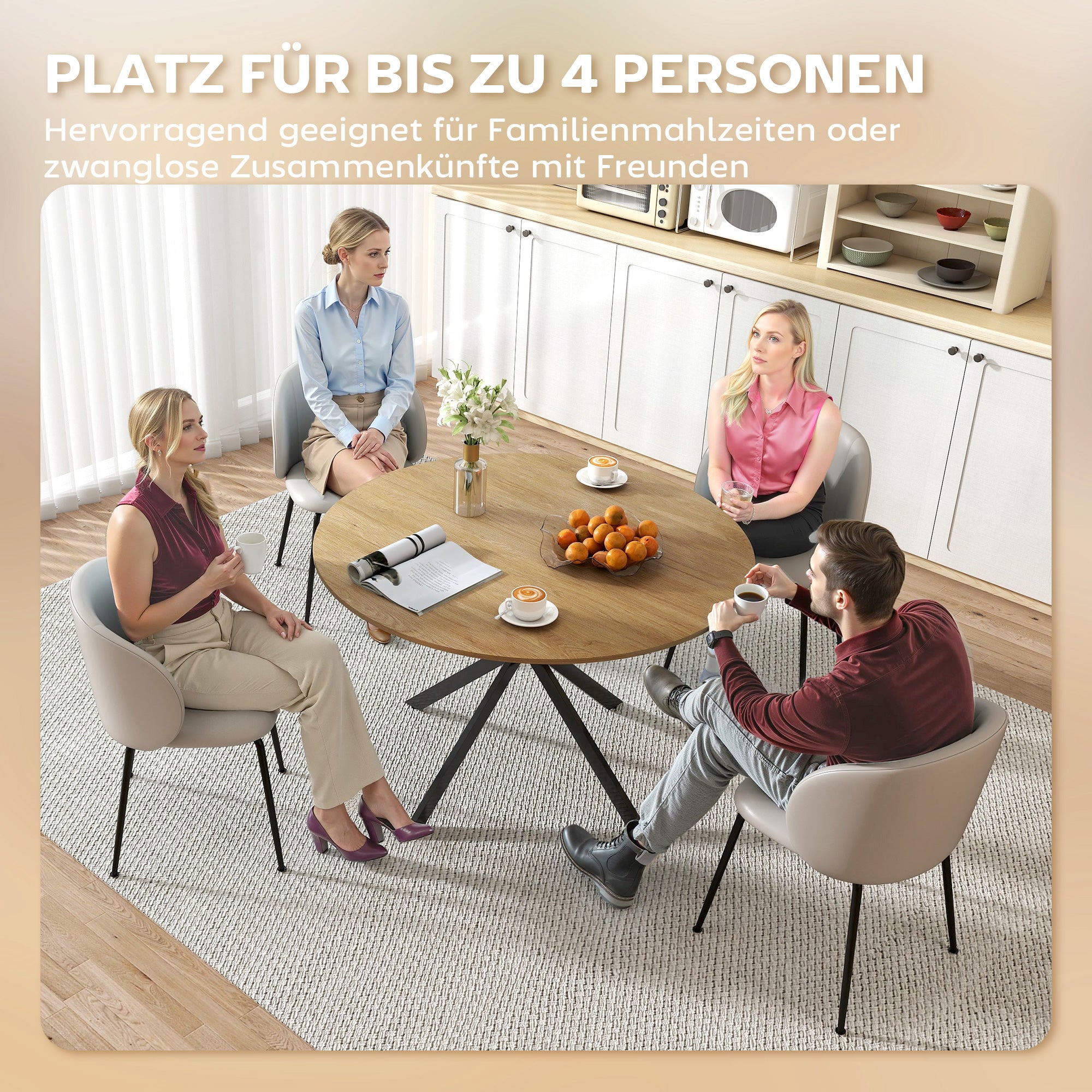Runt matbord för 4 personer, köksbord i industriell stil med stålben, för matsal, kök, ek