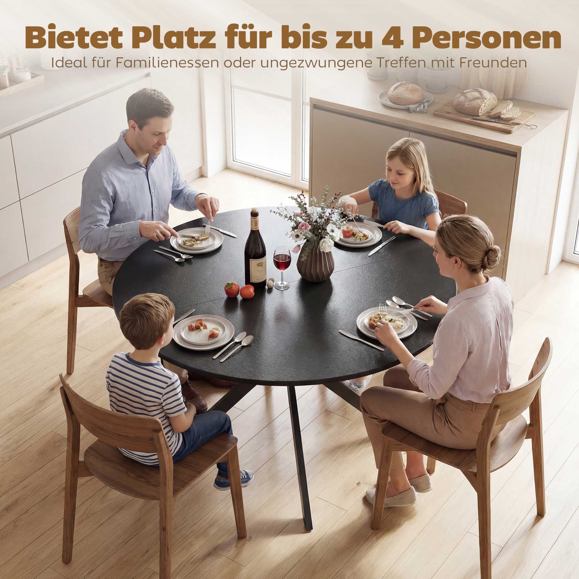 Runt matbord, träliknande yta, plats för 4, 120 cm