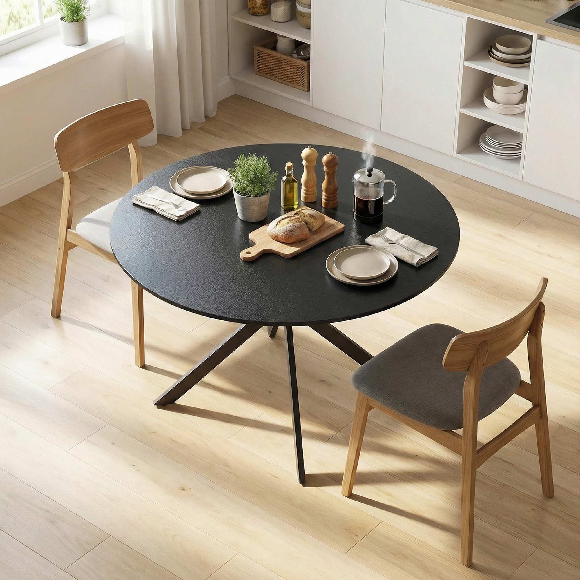 Runt matbord, träliknande yta, plats för 4, 120 cm