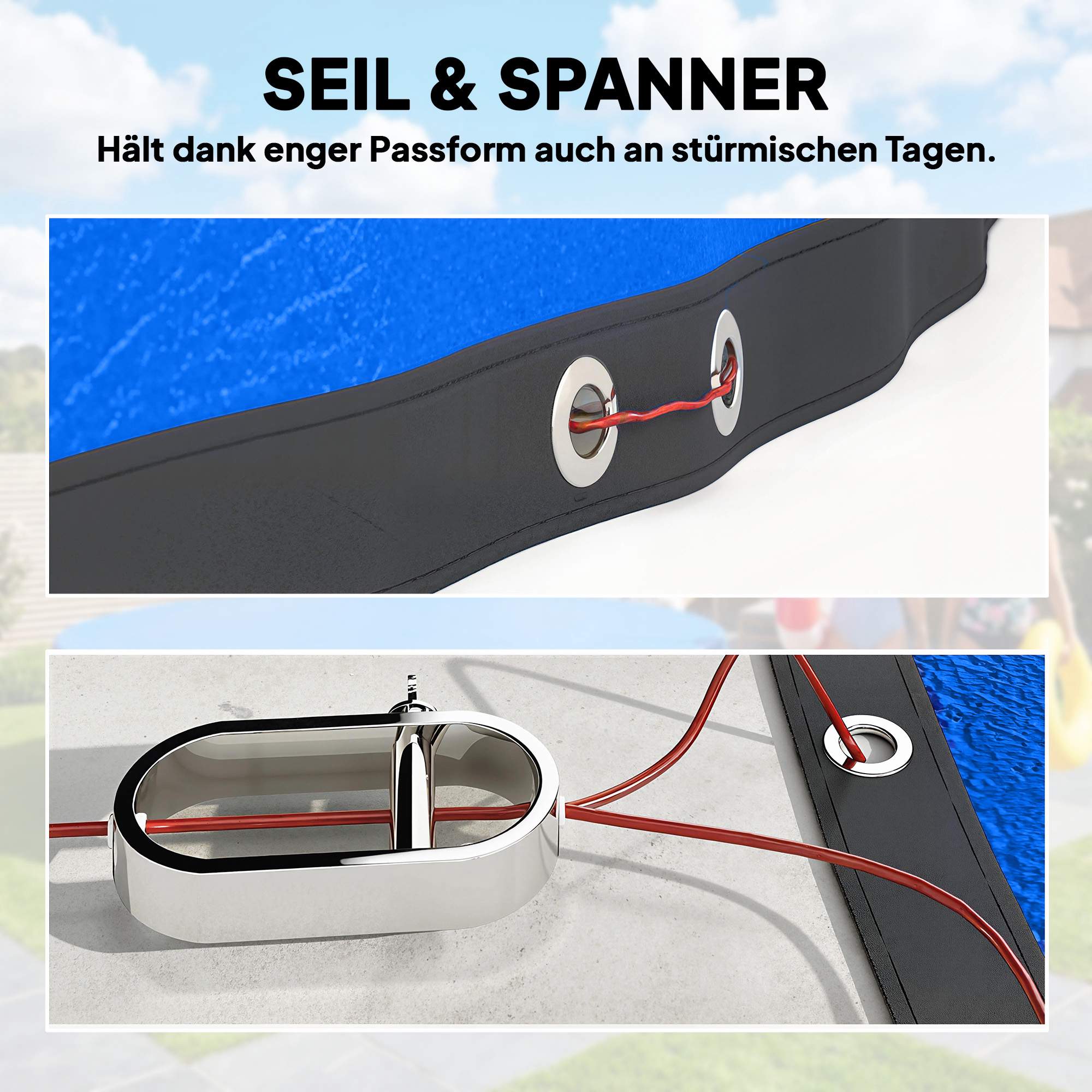 Runt poolöverdrag Ø550 cm, vattentätt med säkert rep