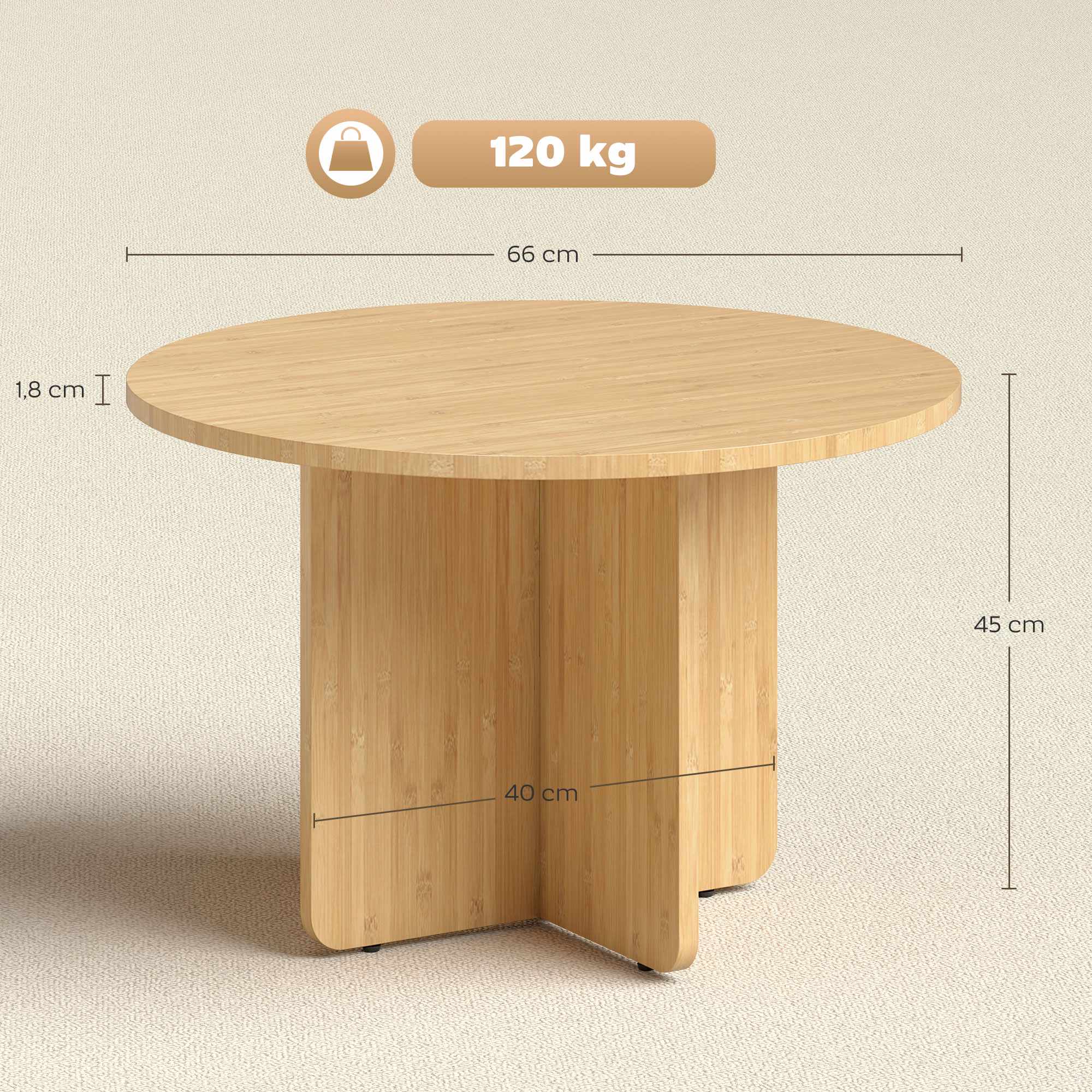 Runt soffbord i bambu, naturlig finish, 120 kg kapacitet