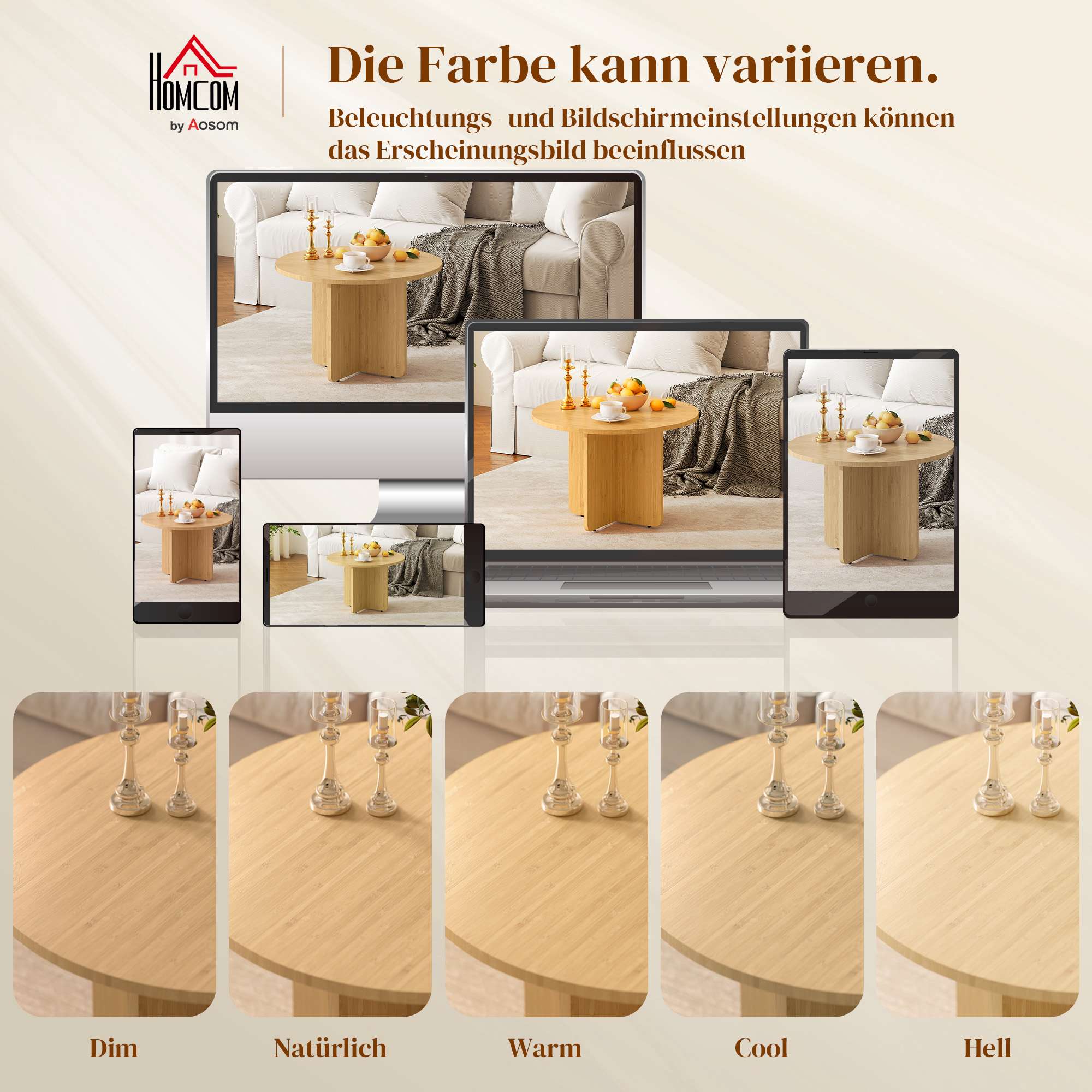 Runt soffbord i bambu, naturlig finish, 120 kg kapacitet