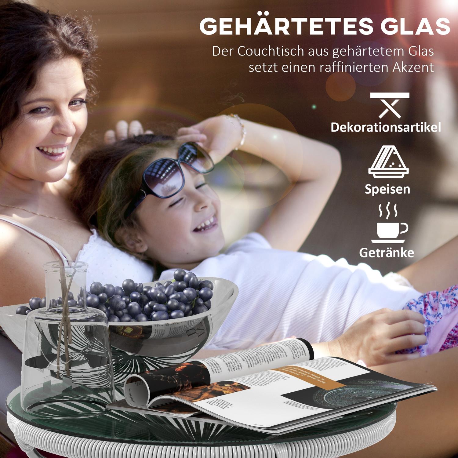 Runt soffbord i rotting – Glasskiva, 50x50x50cm, svart/grå