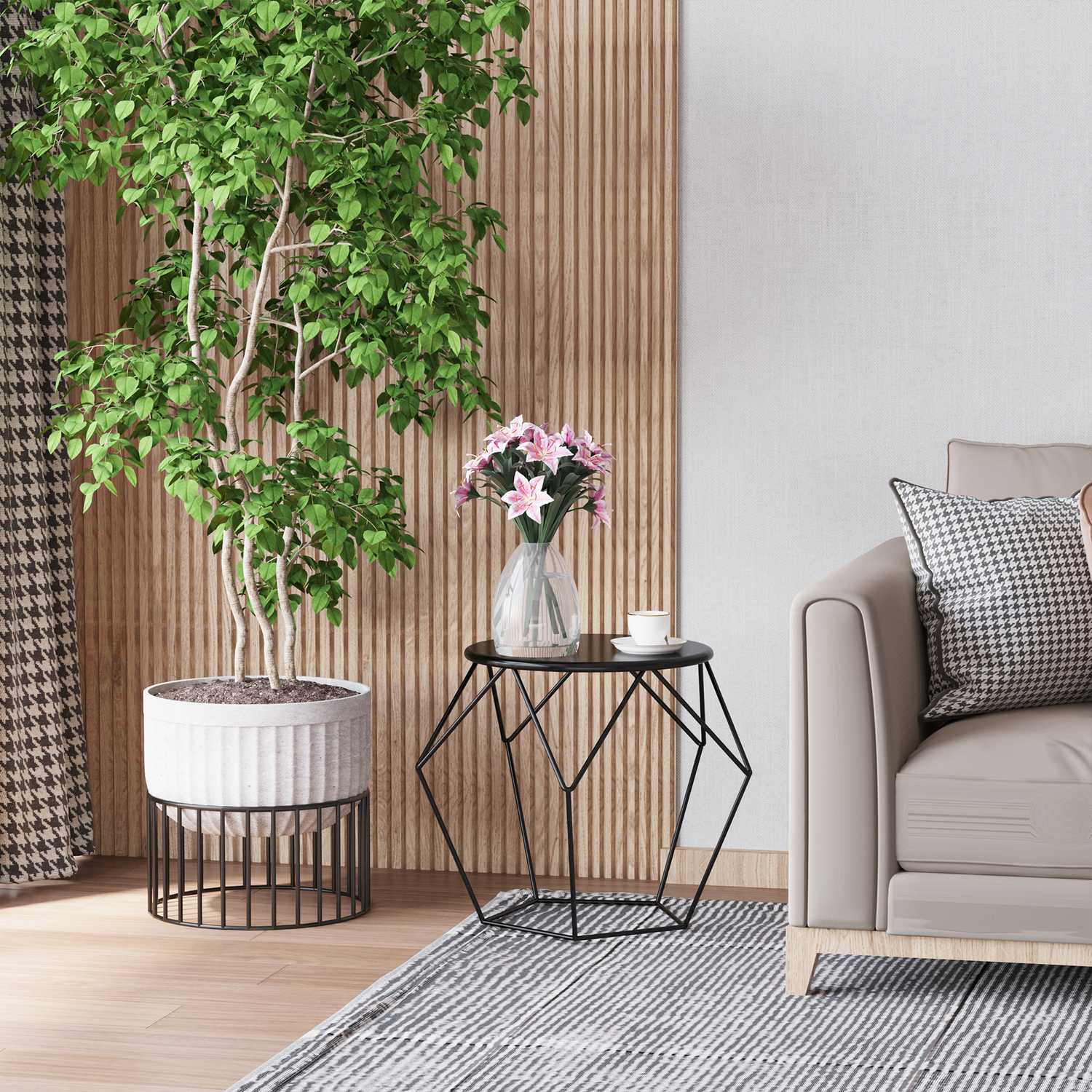 Runt soffbord med förvaring – Metallkorgdesign