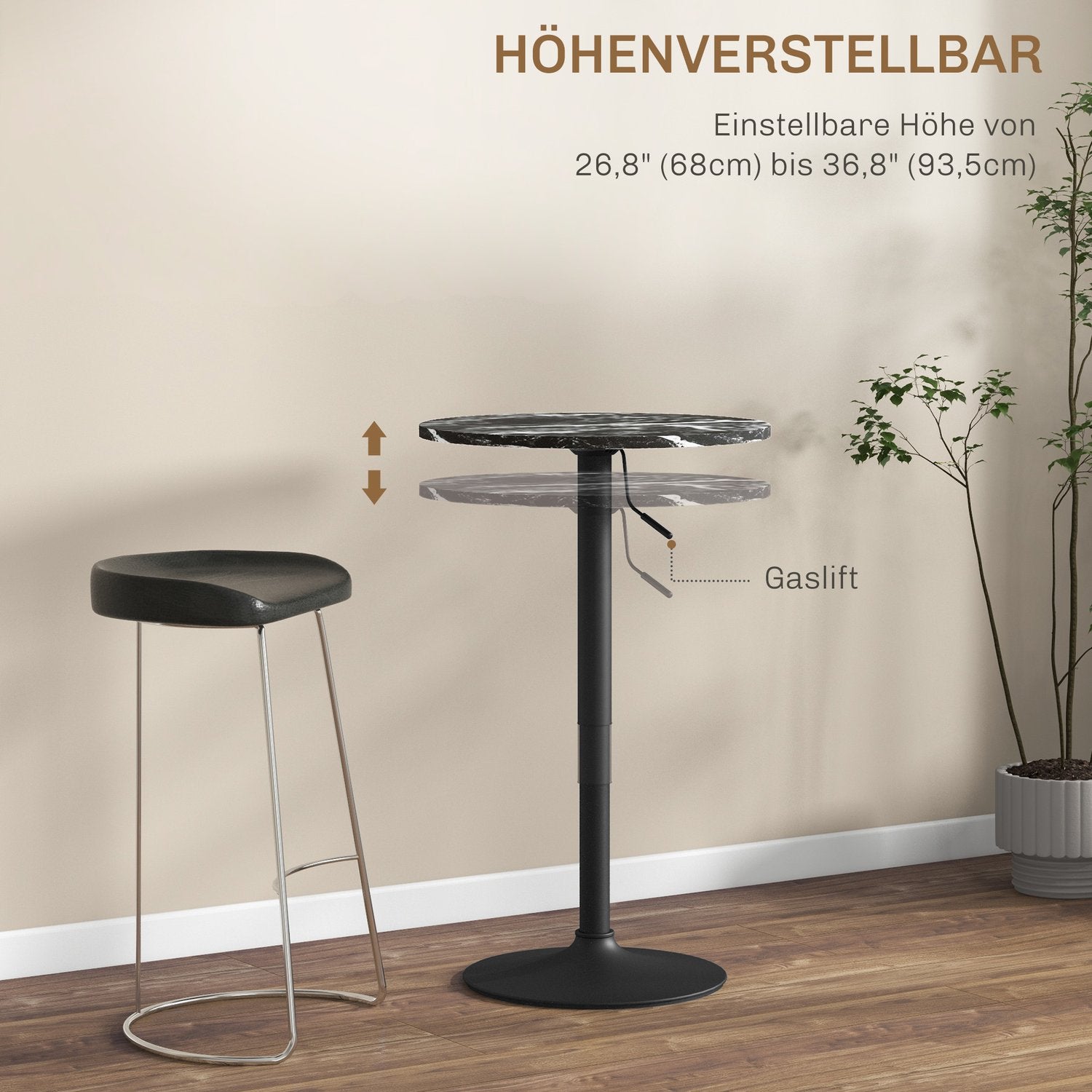 Runt svart matbord, marmor-look – justerbart Ø60 x 68-93,5 cm