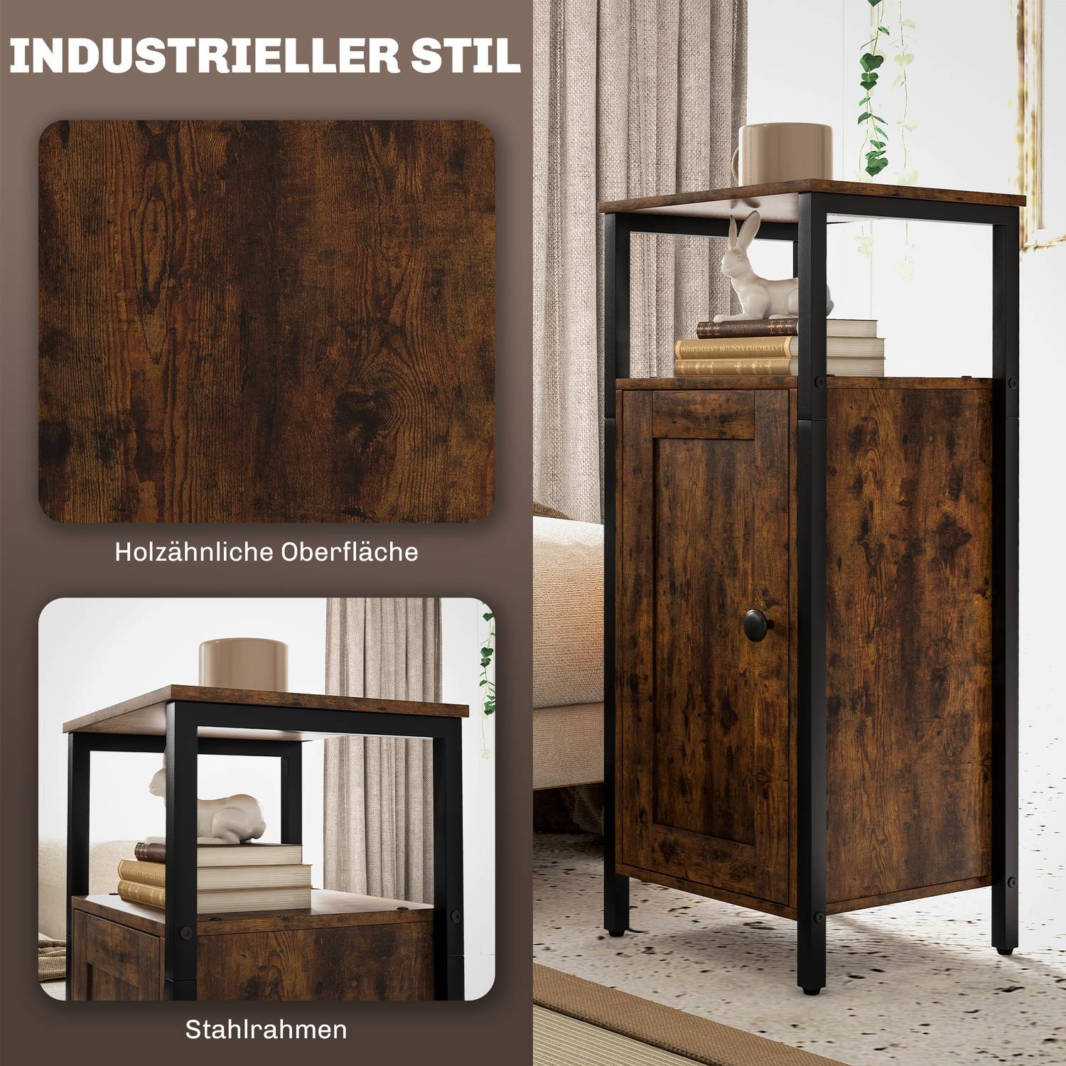 Rustikt brunt industrisoffbord, justerbar hylla