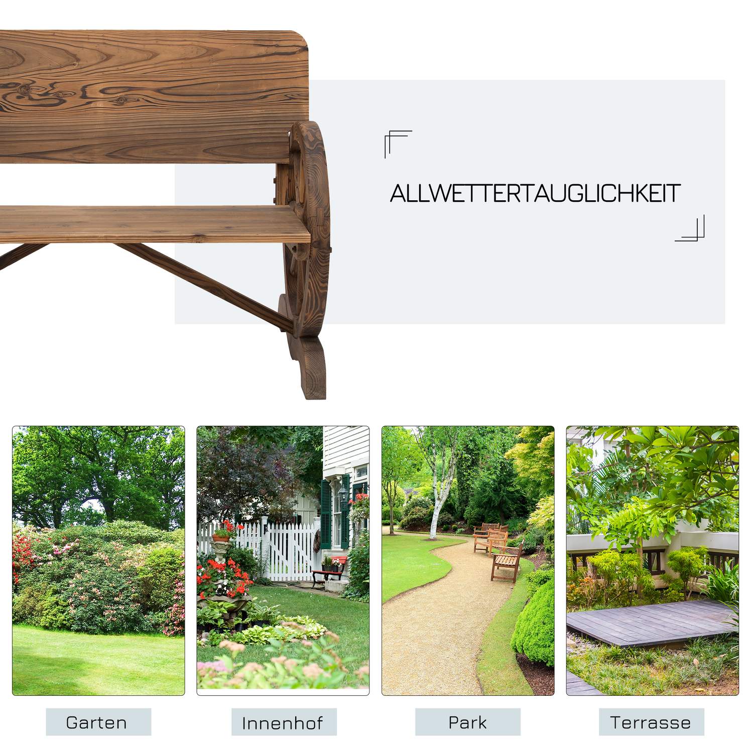 Rustik trädgårdsbänk i massivt trä, vagnhjul & armstöd