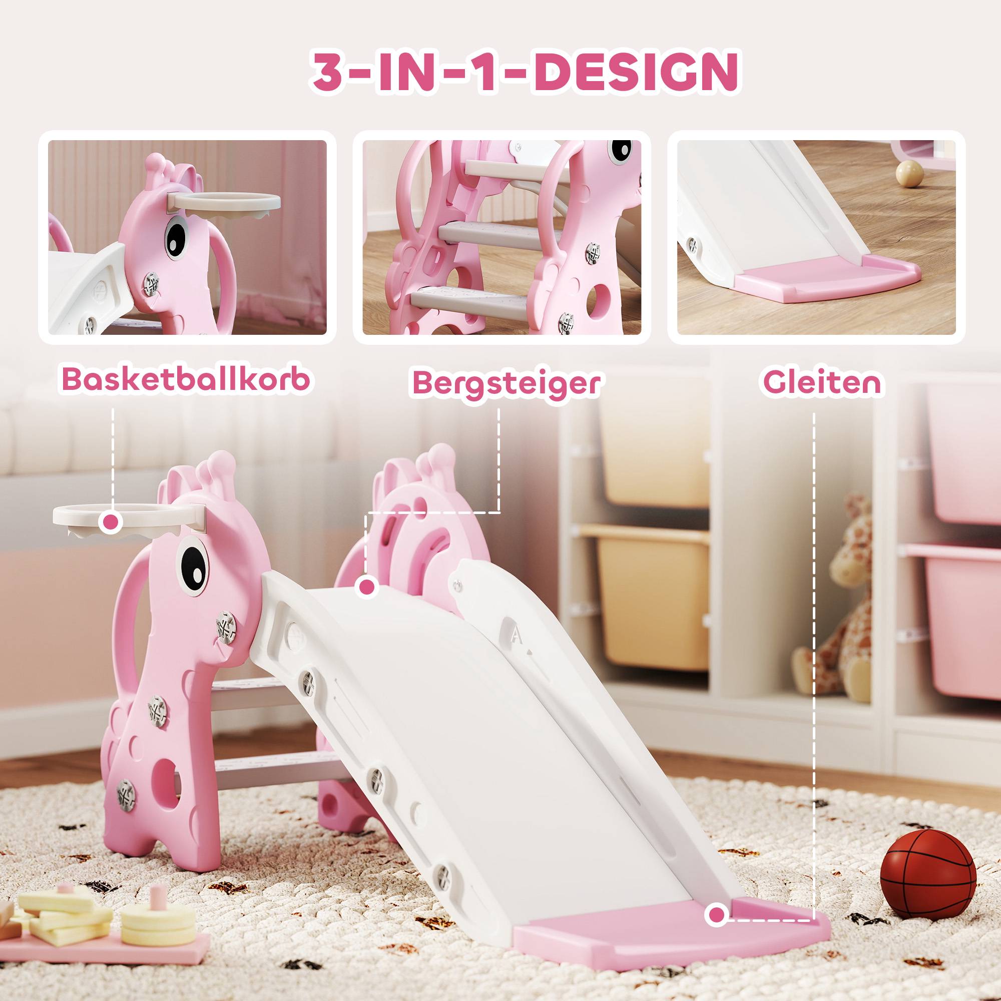 Rutschkana med basketkorg för småbarn, giraffdesign, rosa