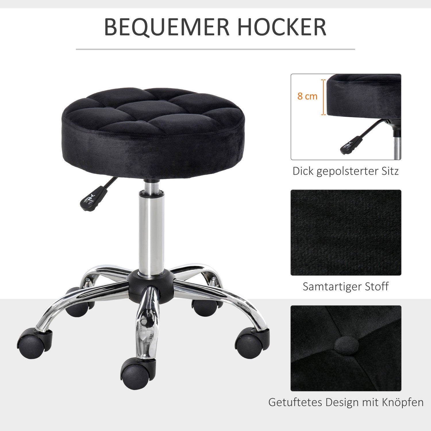 Black Velvet Salon Chair – Justerbar vridbar med hjul