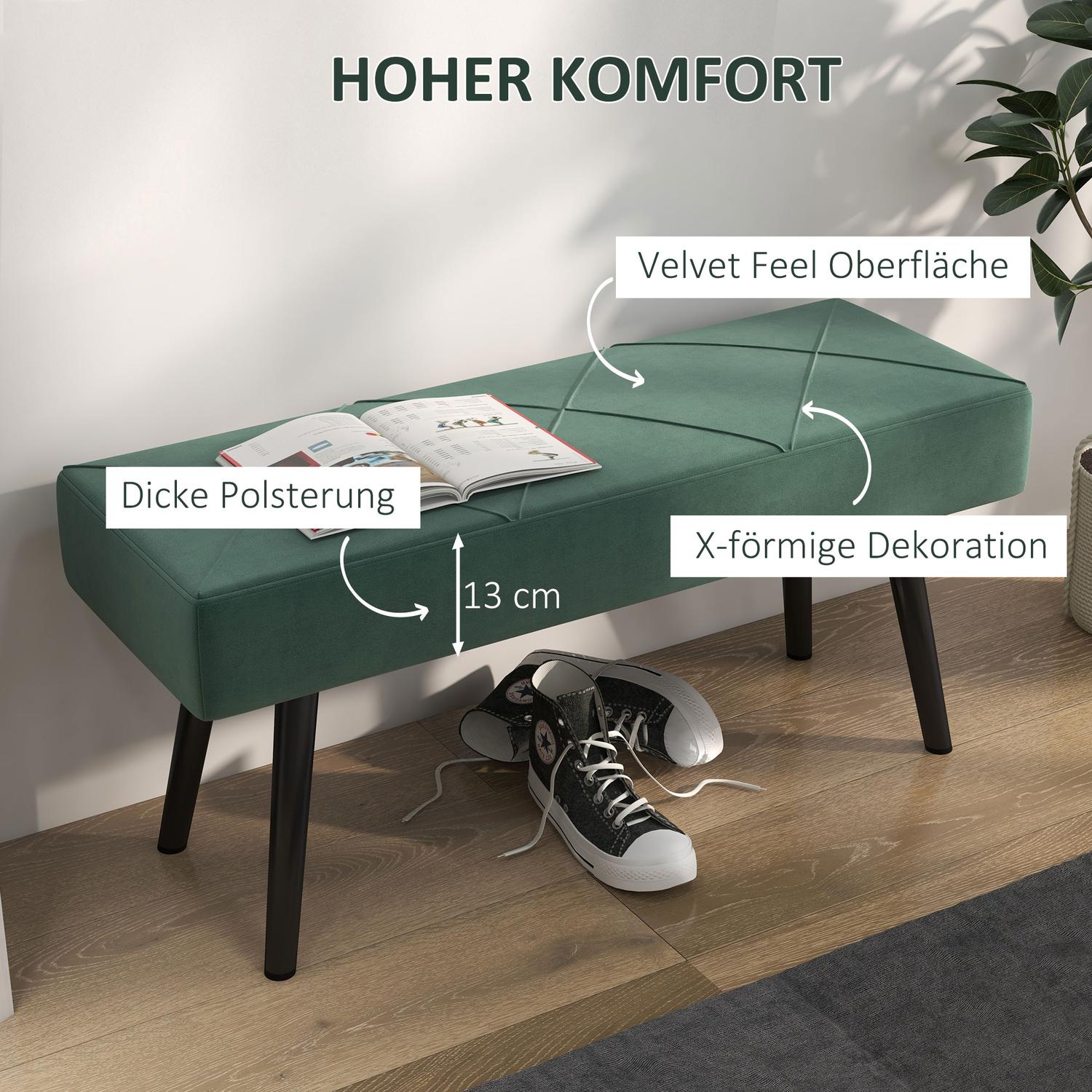 Sammetsklädd bänk, X-mönster, 100x36x45 cm, grön