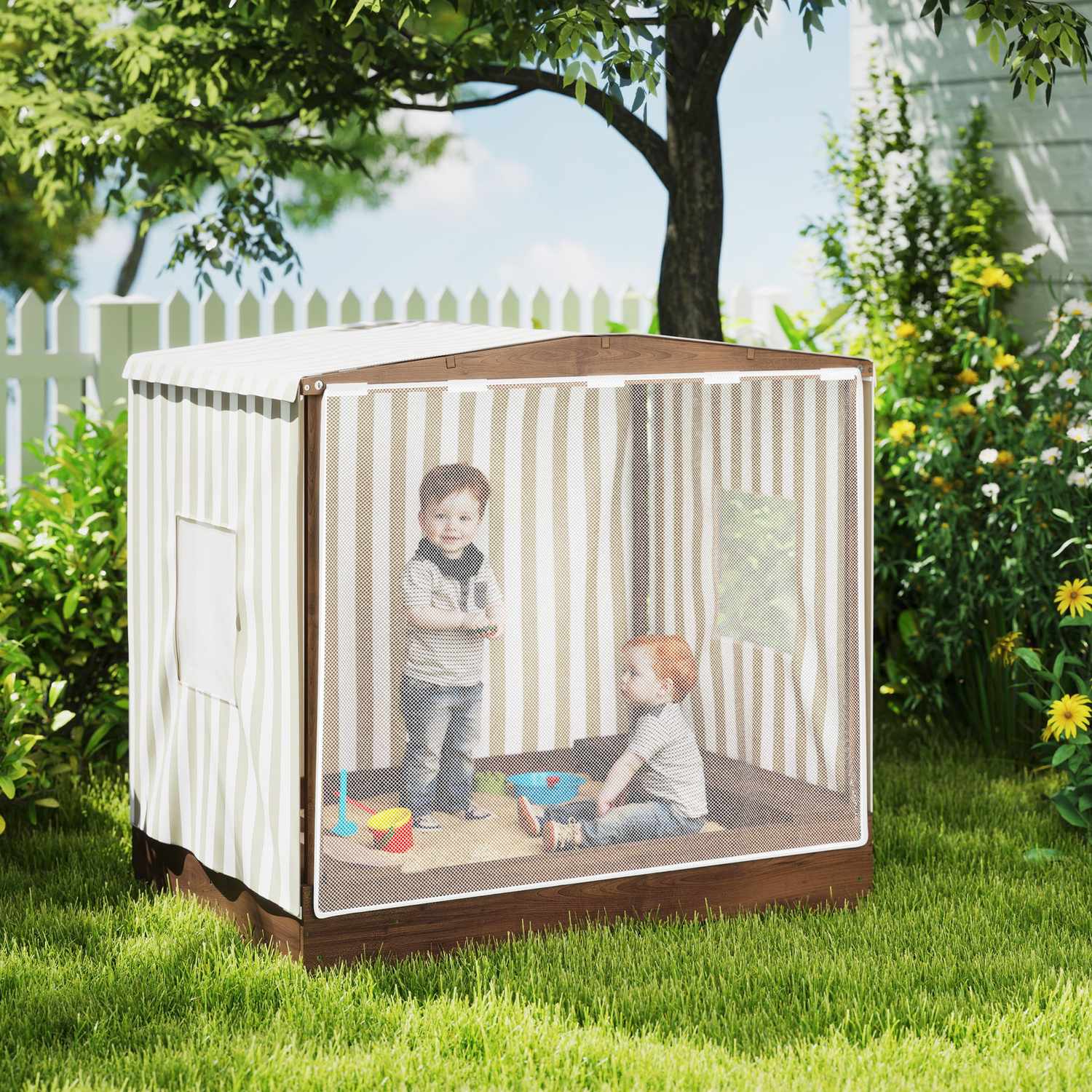Träsandlåda med bänk & förvaring, 142 x 101,5 cm