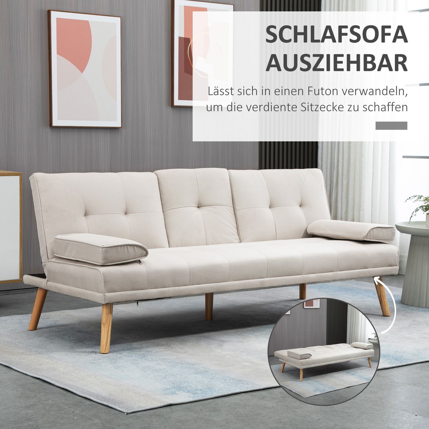 Scandi Design Linne-Look 3-sits bäddsoffa, med hopfällbart bord