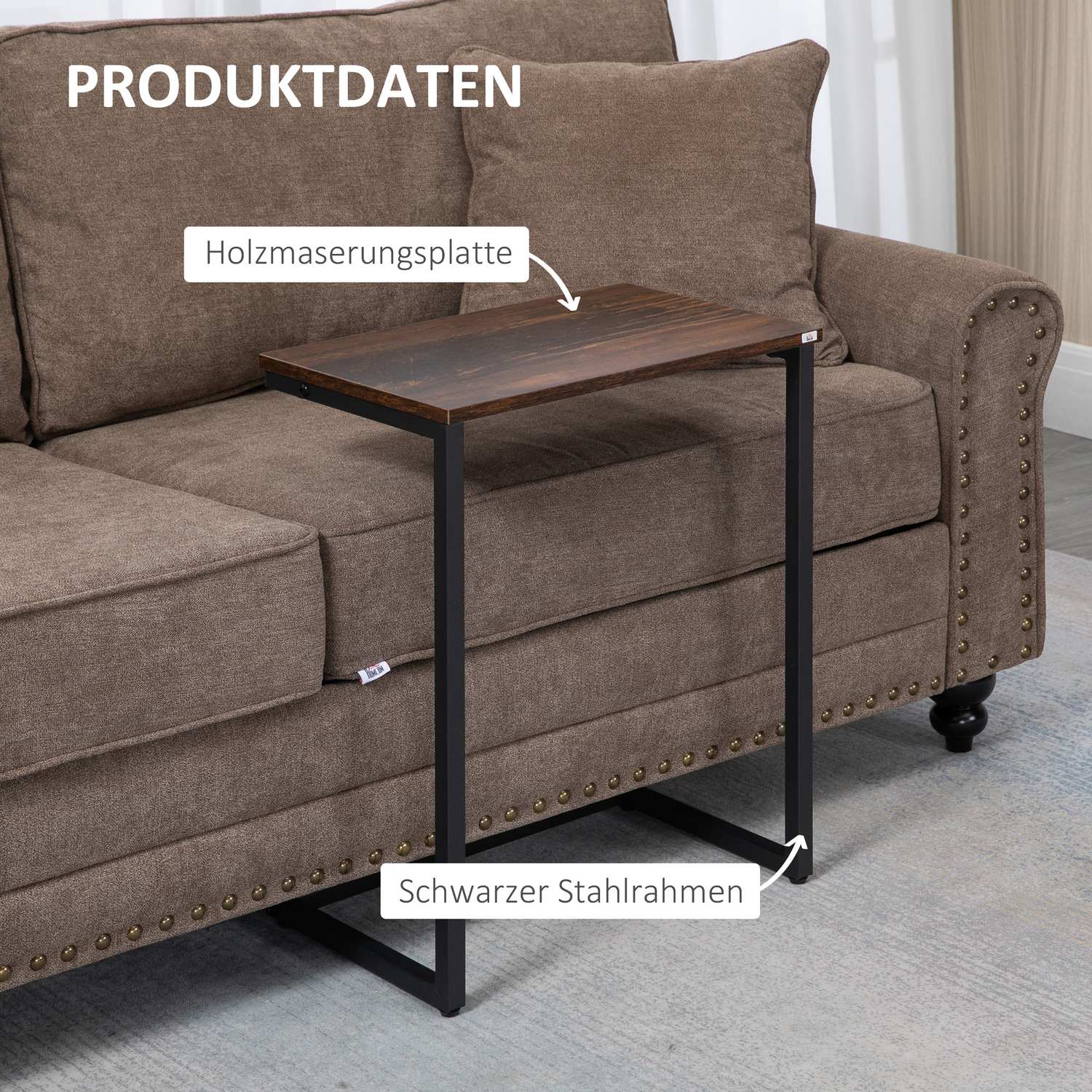 Set med 3 C-formade sidobord, industriellt stål, rustikt brunt