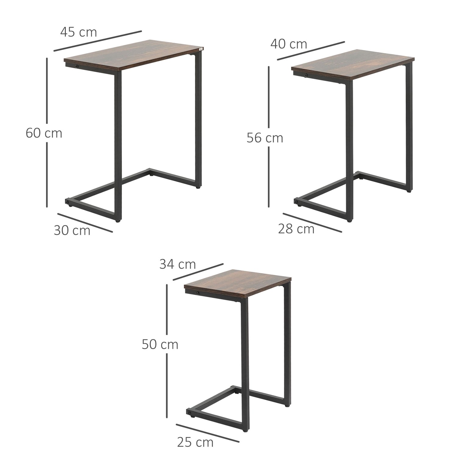 Set med 3 C-formade sidobord, industriellt stål, rustikt brunt