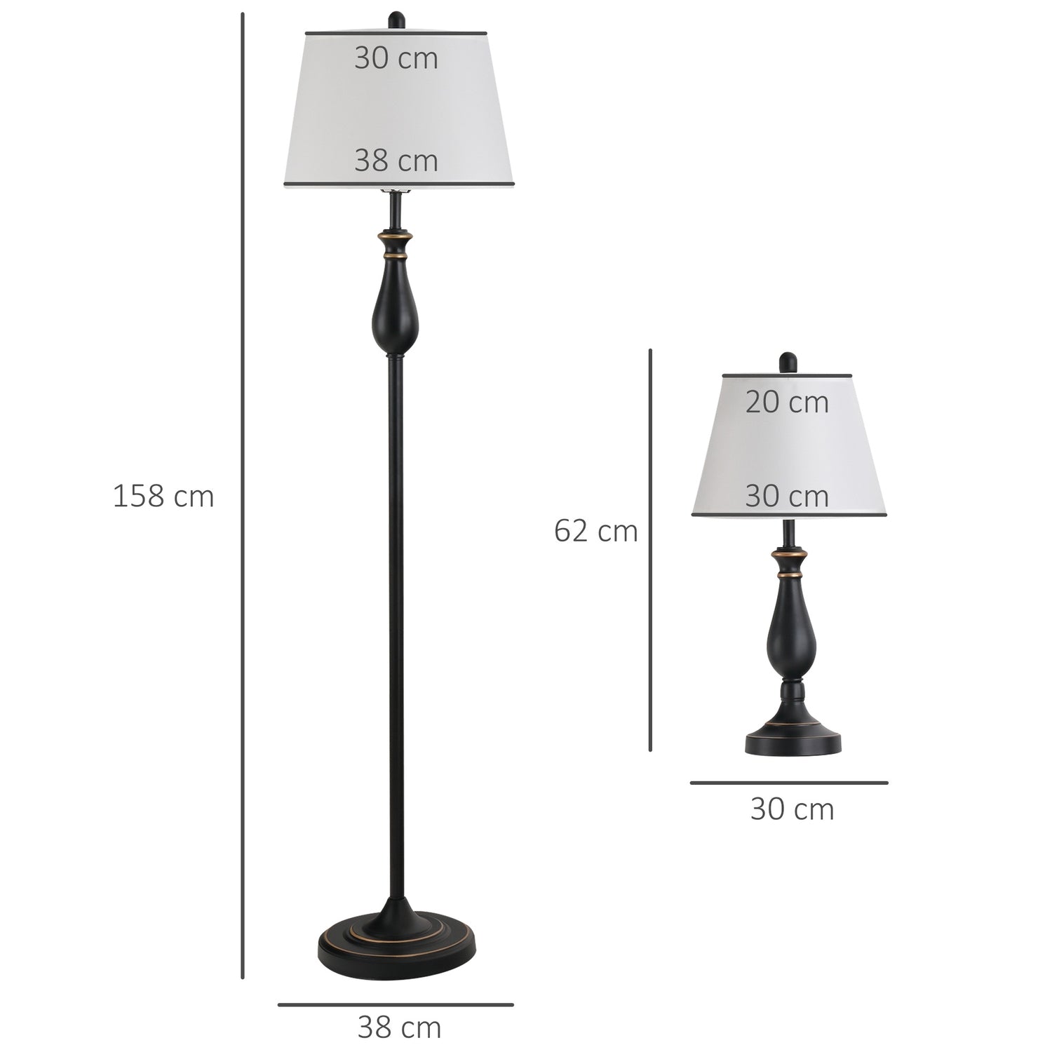 Vintage bords- och golvlampsset, metallfot, E27-lampor