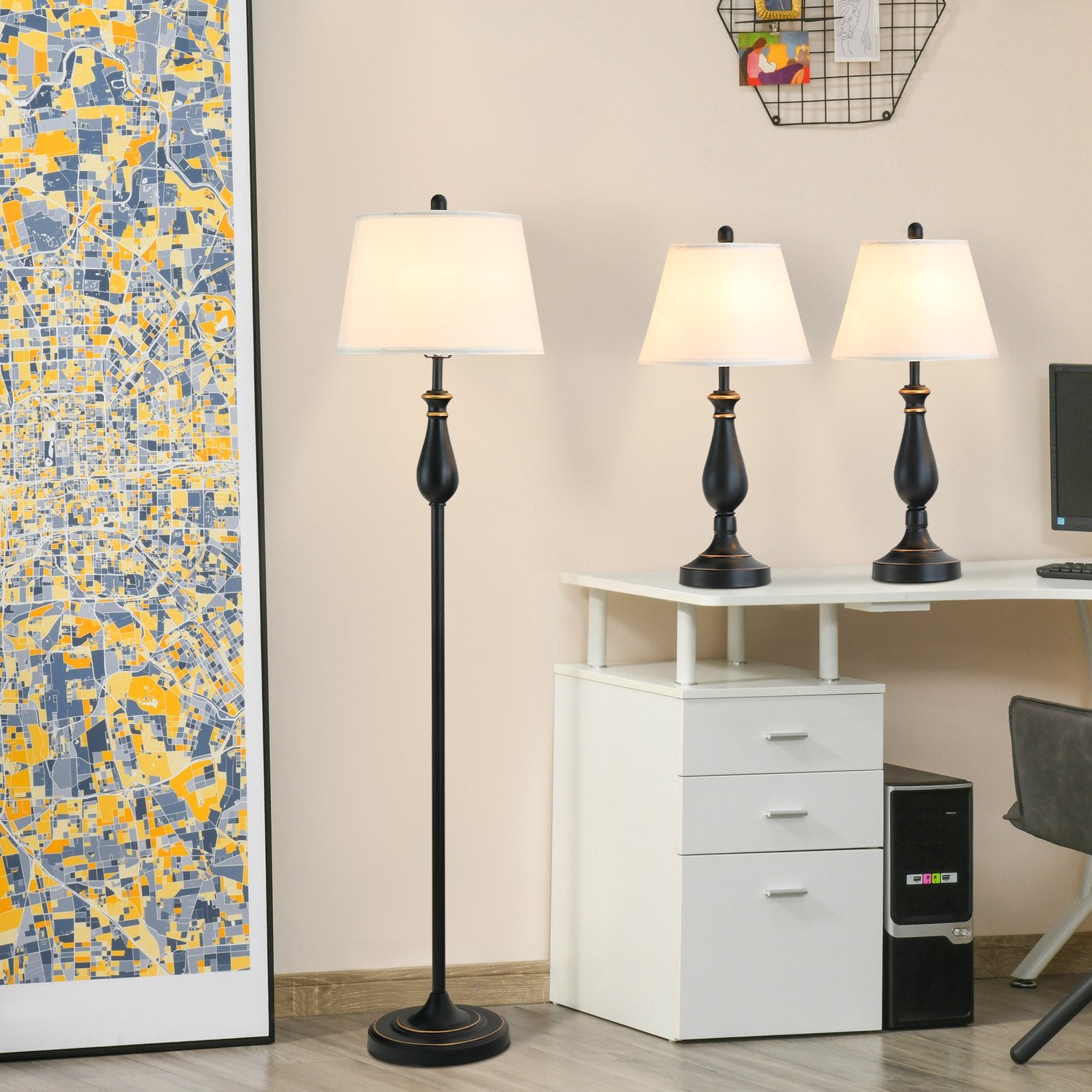 Vintage bords- och golvlampsset, metallfot, E27-lampor