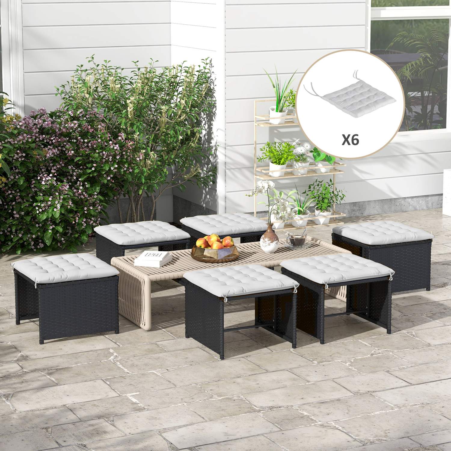Ljusgrå sittdynor med knytband – Set om 6, 40x40 cm