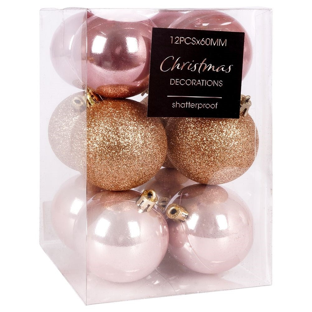 Set med 12 okrossbara rosa julgranskulor - glitter & matt