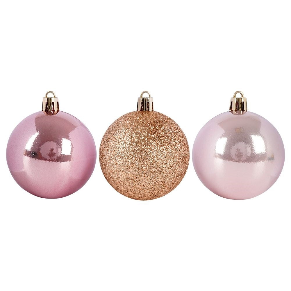 Set med 12 okrossbara rosa julgranskulor - glitter & matt