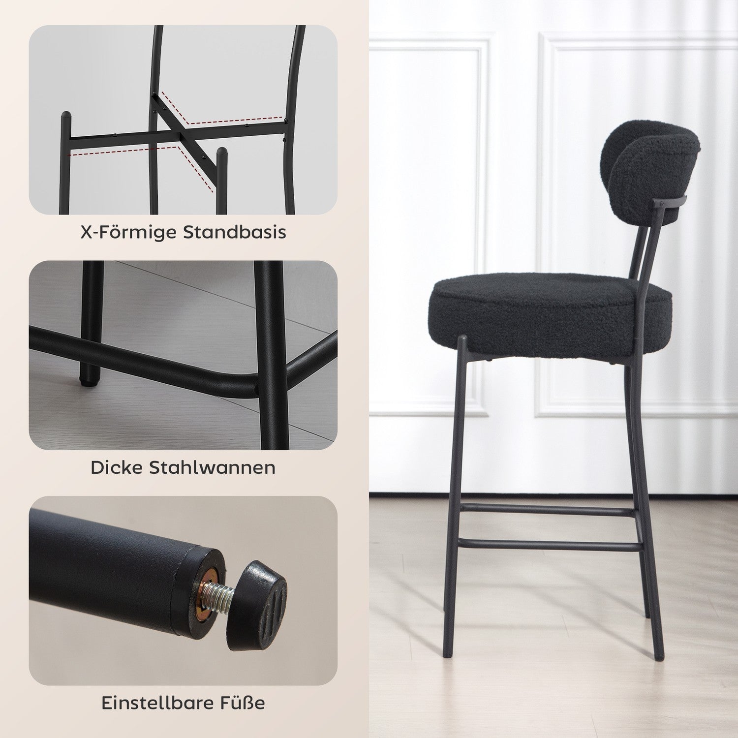 Set med 2 barstolar, stoppad sits, fleece, svart