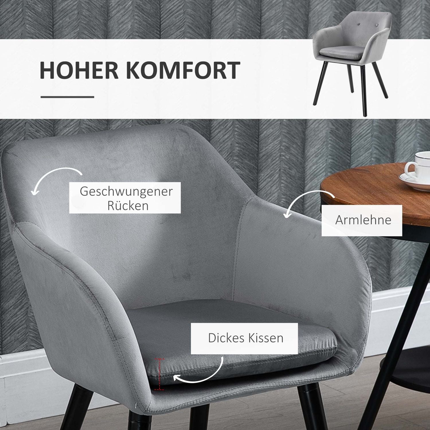 Set med 2 matstolar i grå sammet med träben