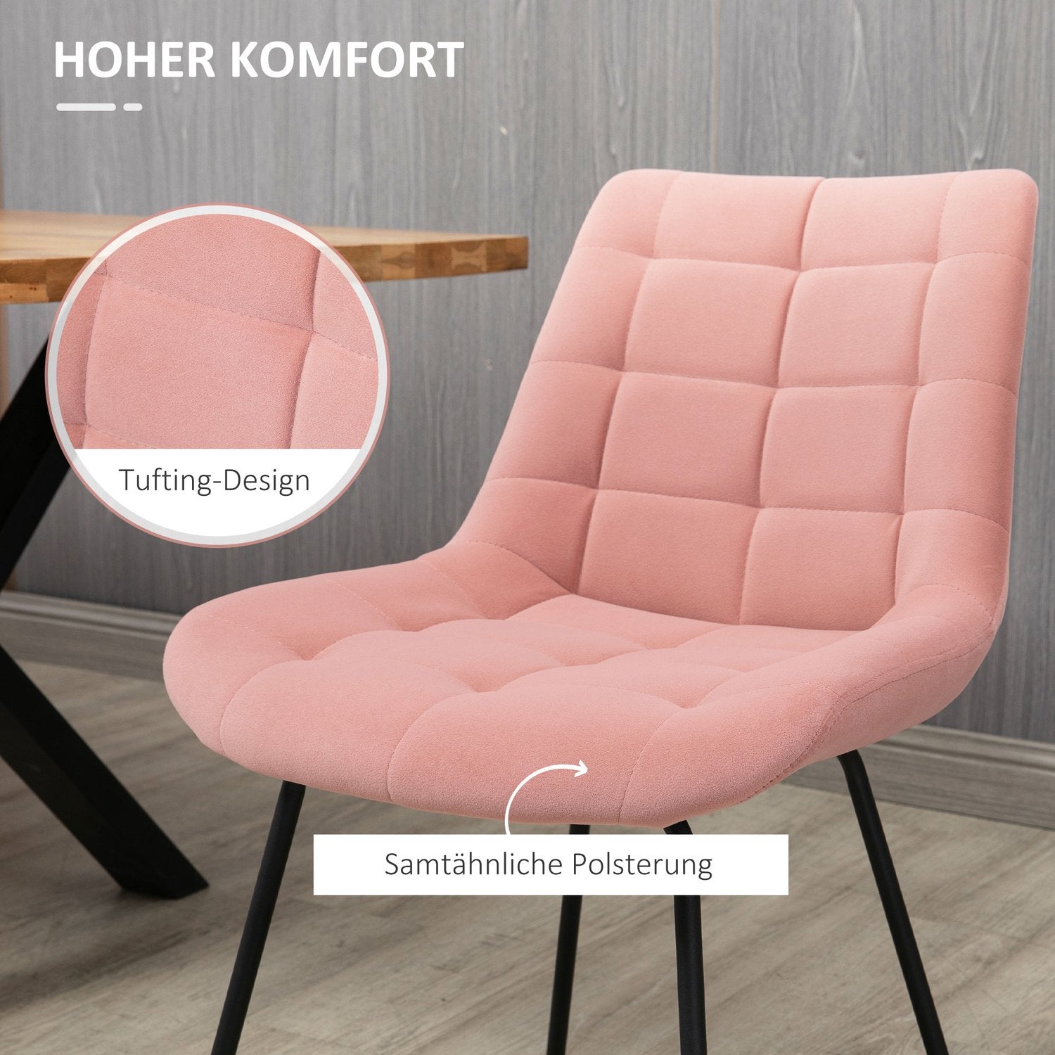 Set med 2 matstolar i sammet, rosa, retrodesign, stålben