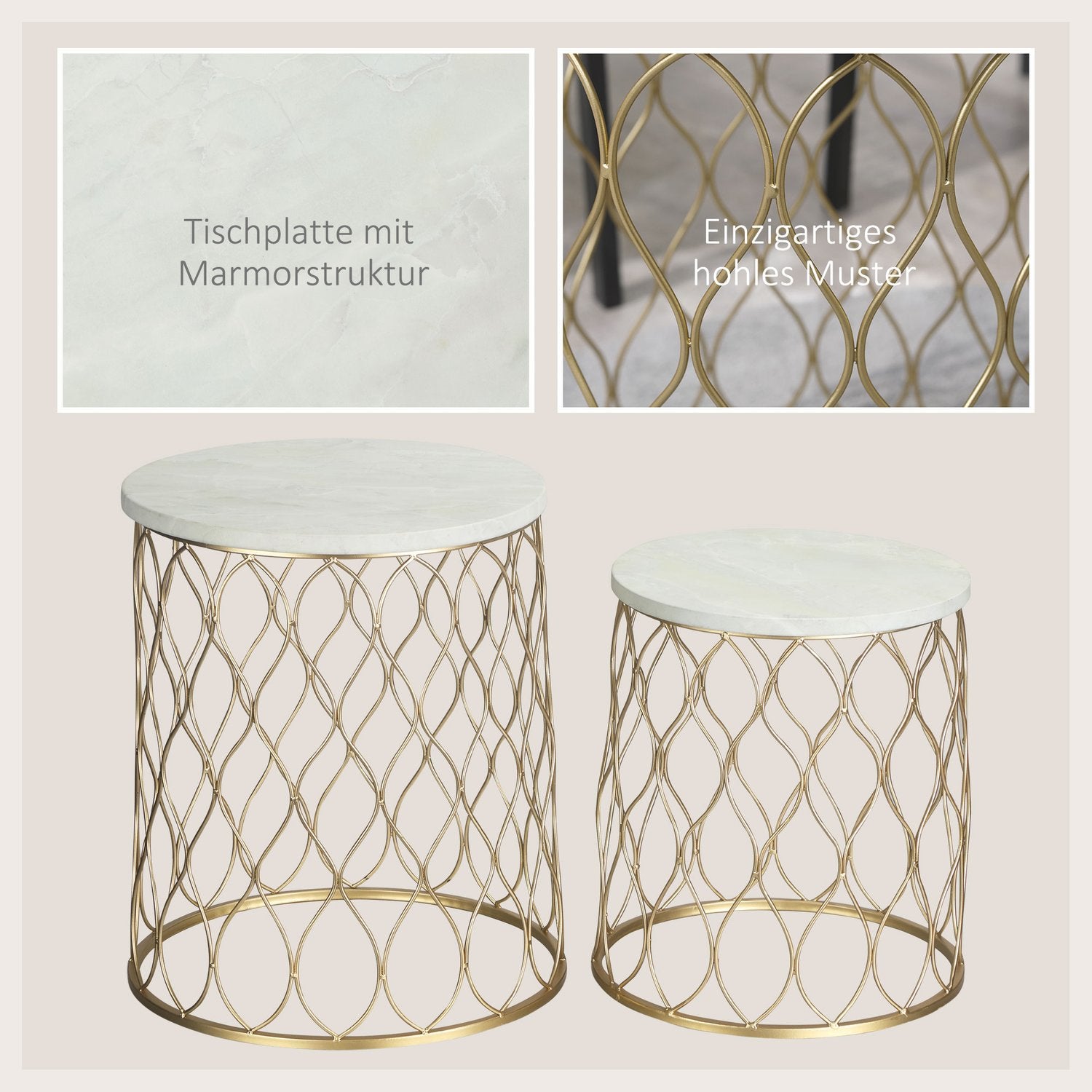 Set med 2 metall utomhus sidobord, guld & vit design