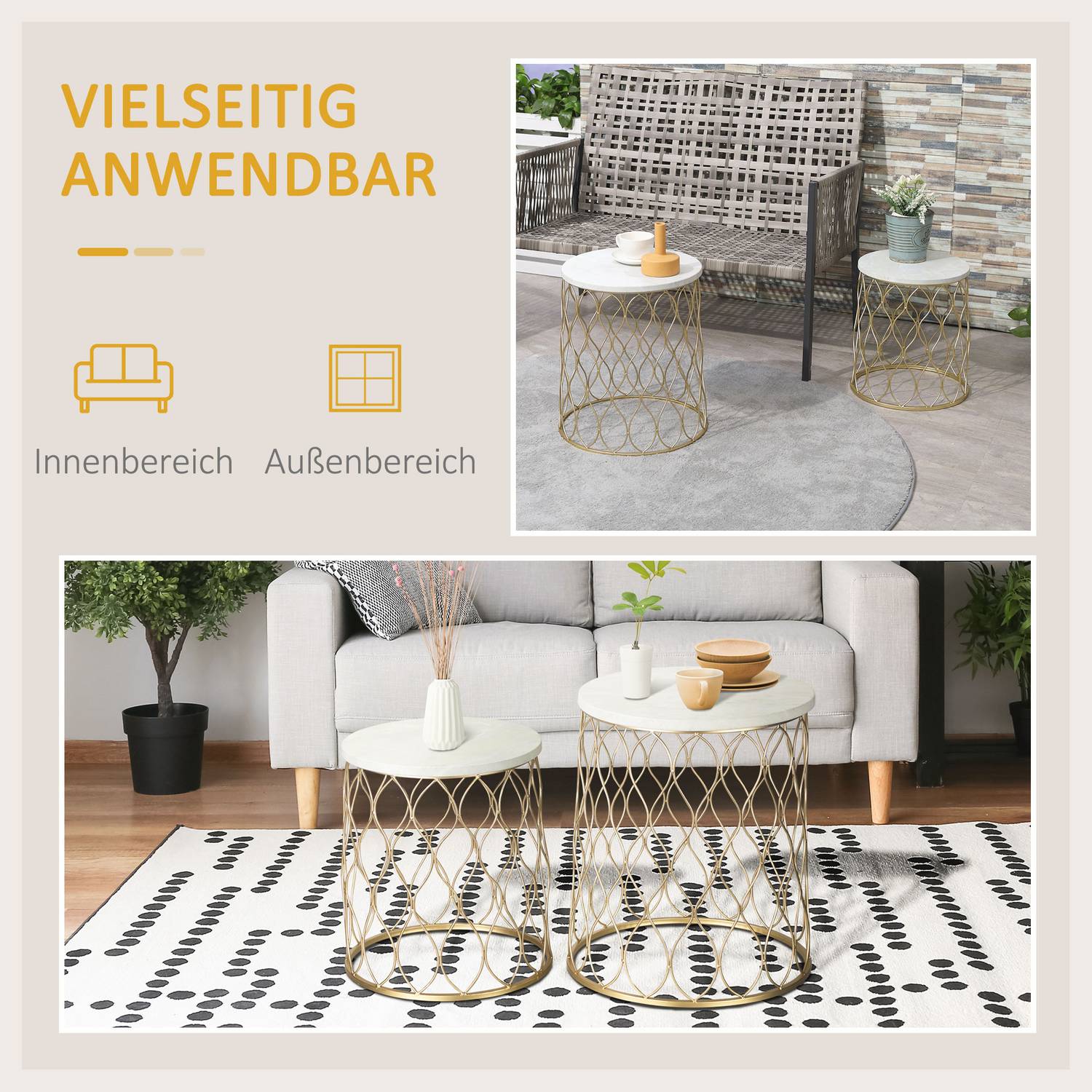Set med 2 metall utomhus sidobord, guld & vit design