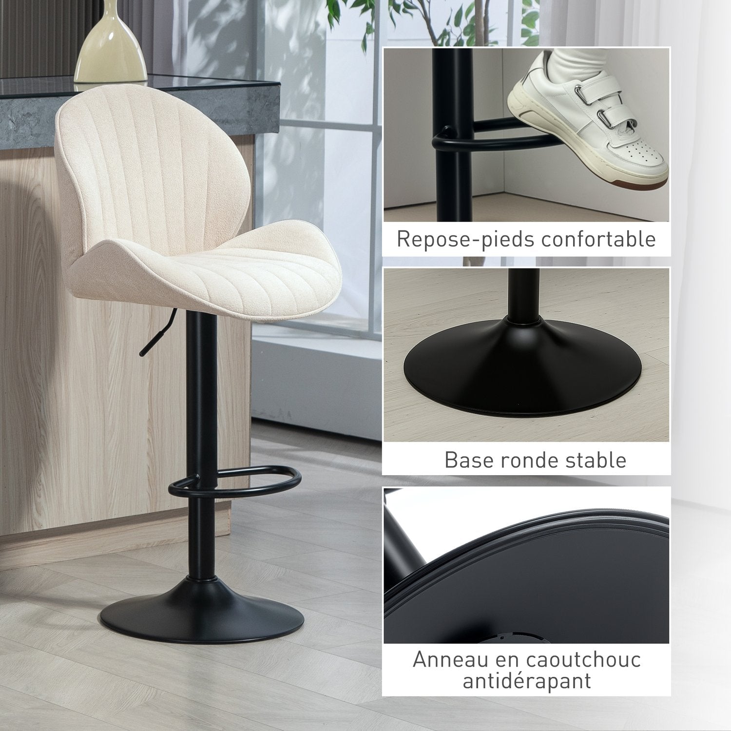 Set med 2 skalformade barstolar med justerbart ryggstöd och fotstöd, stålram, beige