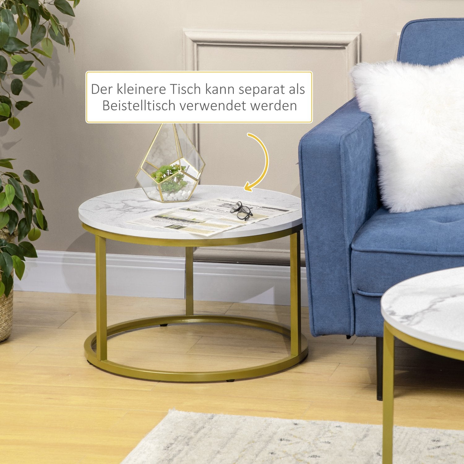 Runda soffbord i marmorlook, set om 2, Stål i guld