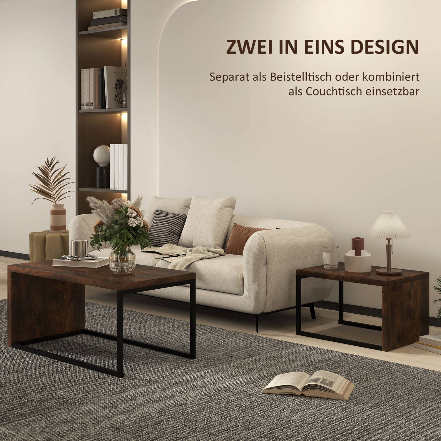 Multifunktionellt soffbordsset – svart & brun metallunderrede