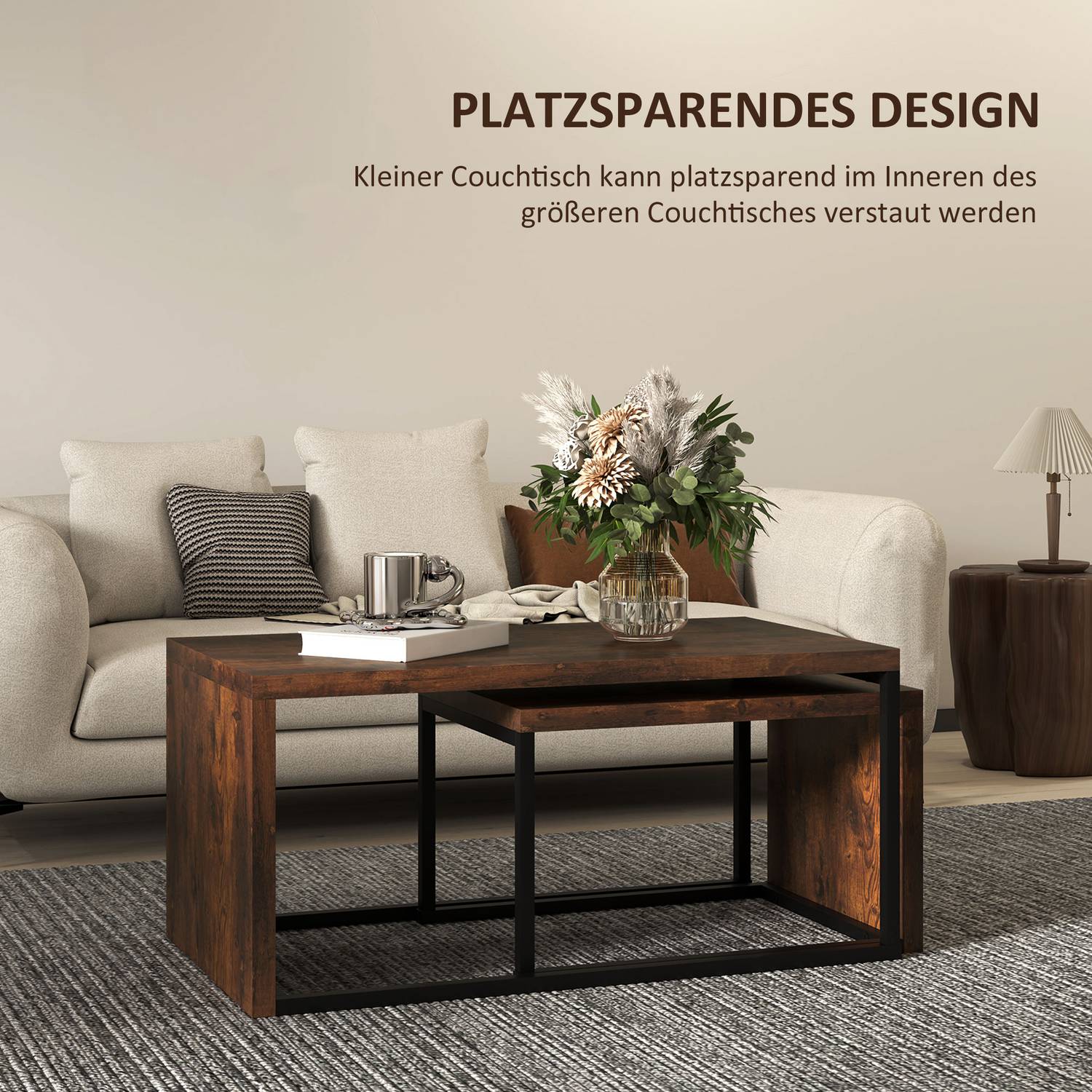 Multifunktionellt soffbordsset – svart & brun metallunderrede